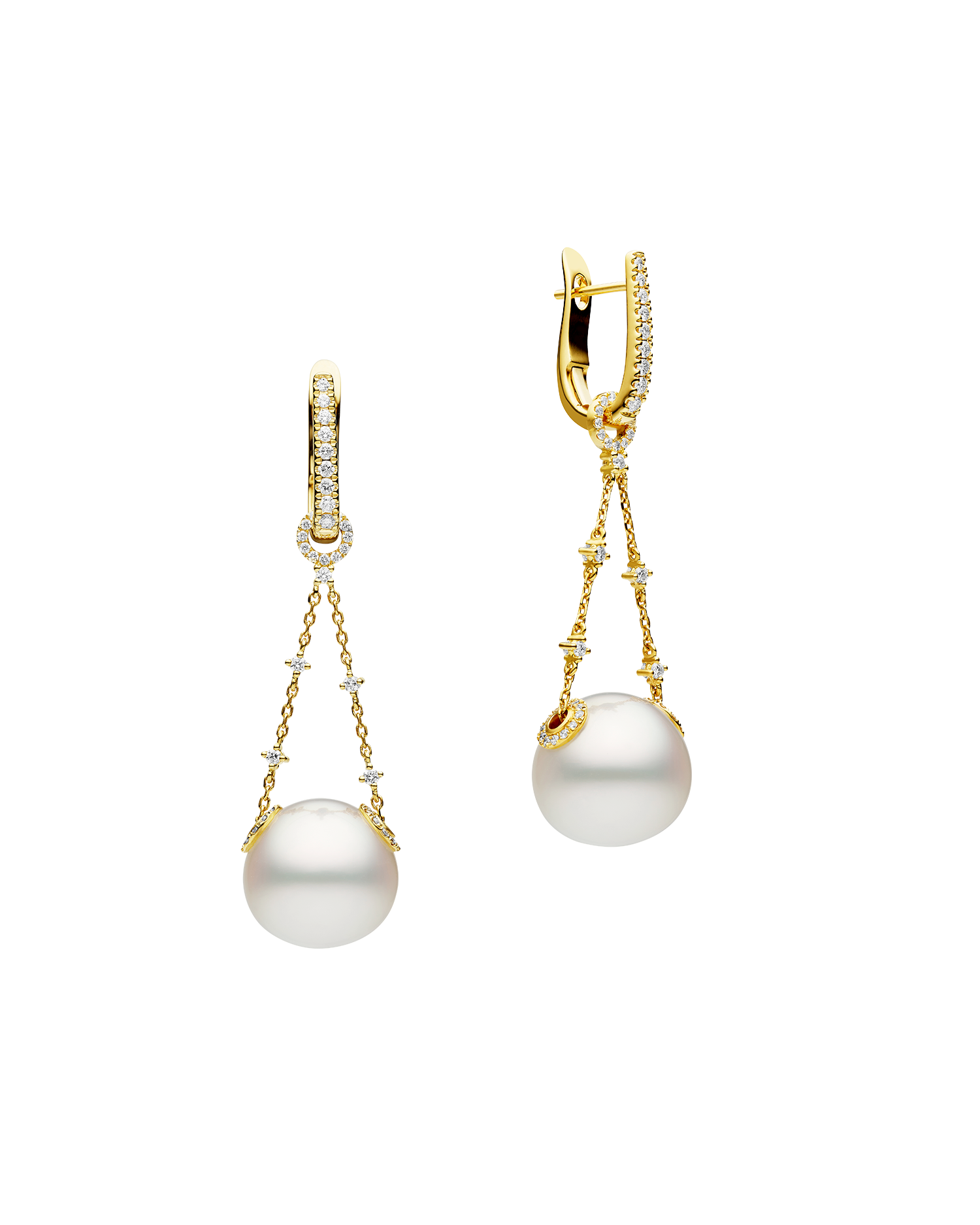 Diamond Petra Pearl Earrings | 12mm Triangle Pearls, Diamond, and Yellow Gold