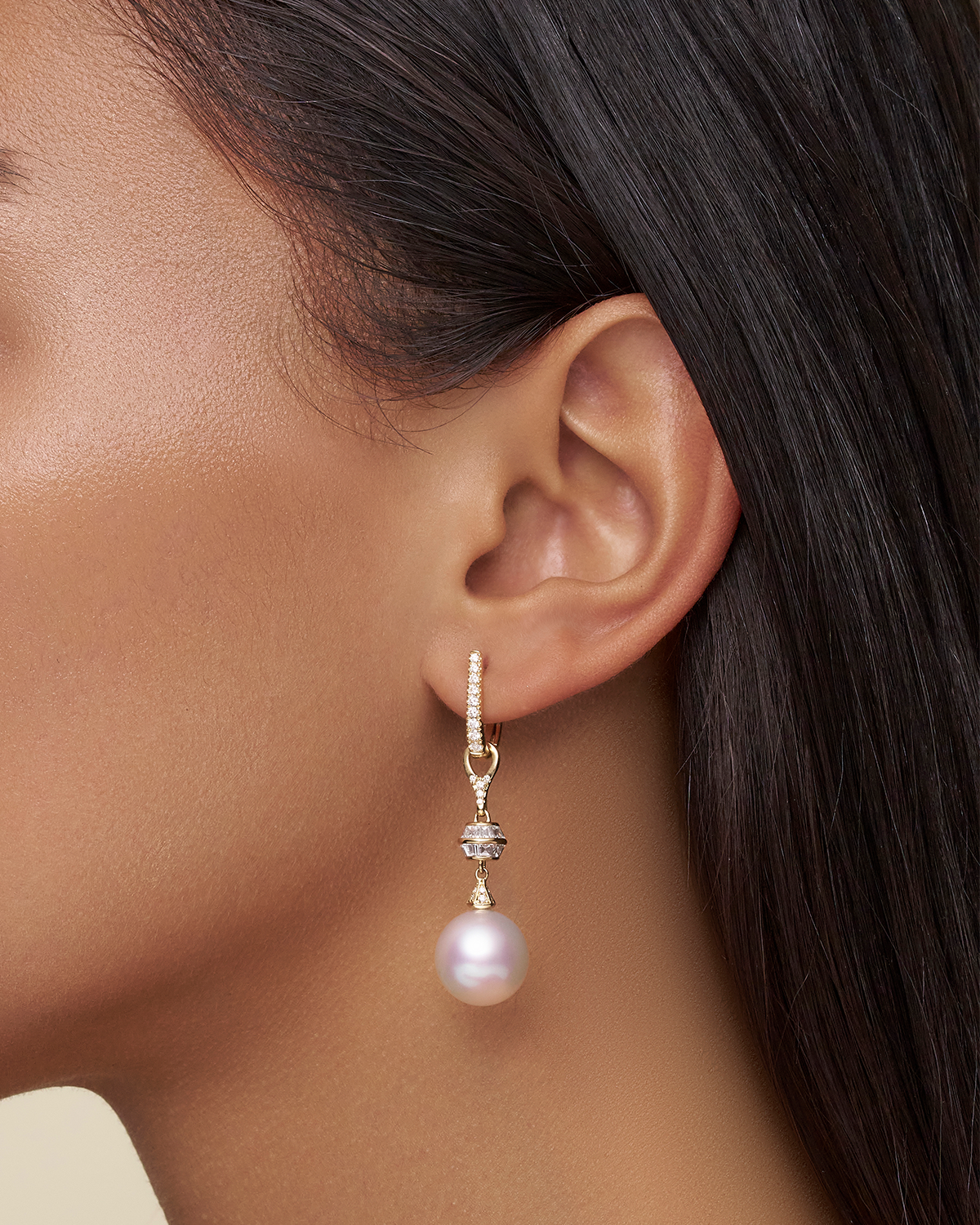 Diamond Sea Buoy Pearl Earrings 12 Semi Round Pearls Diamonds and yellow gold on body dh24e5205yps12