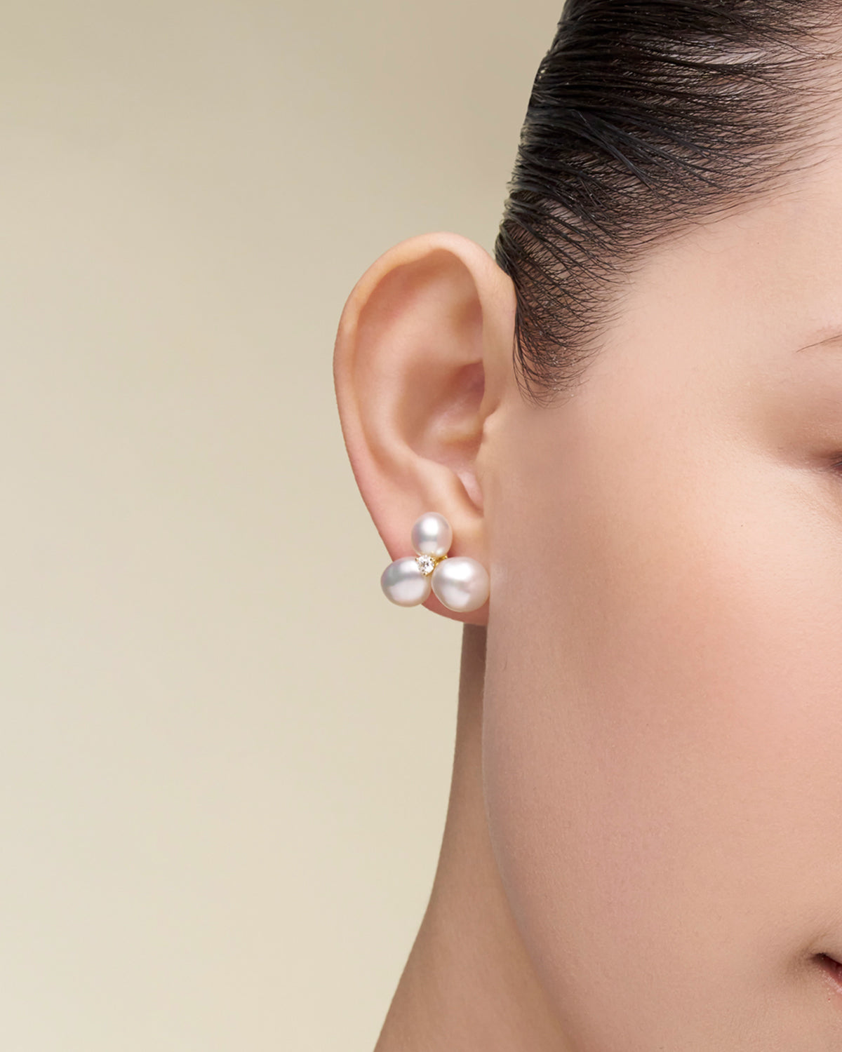Diamond Triple Keshi Pearl Stud Earrings On Body I25E01YKQ08