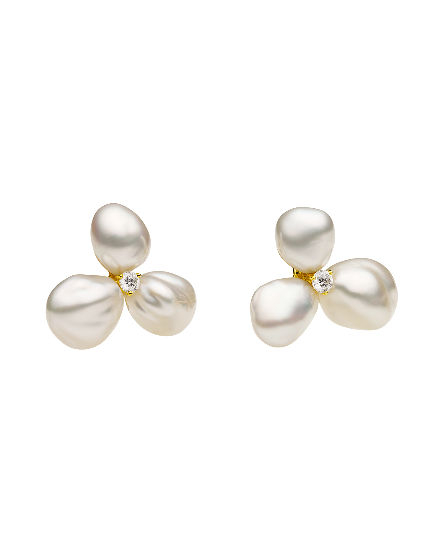 Diamond Triple Keshi Pearl Stud Earrings in Yellow Gold I25E01PKQ08