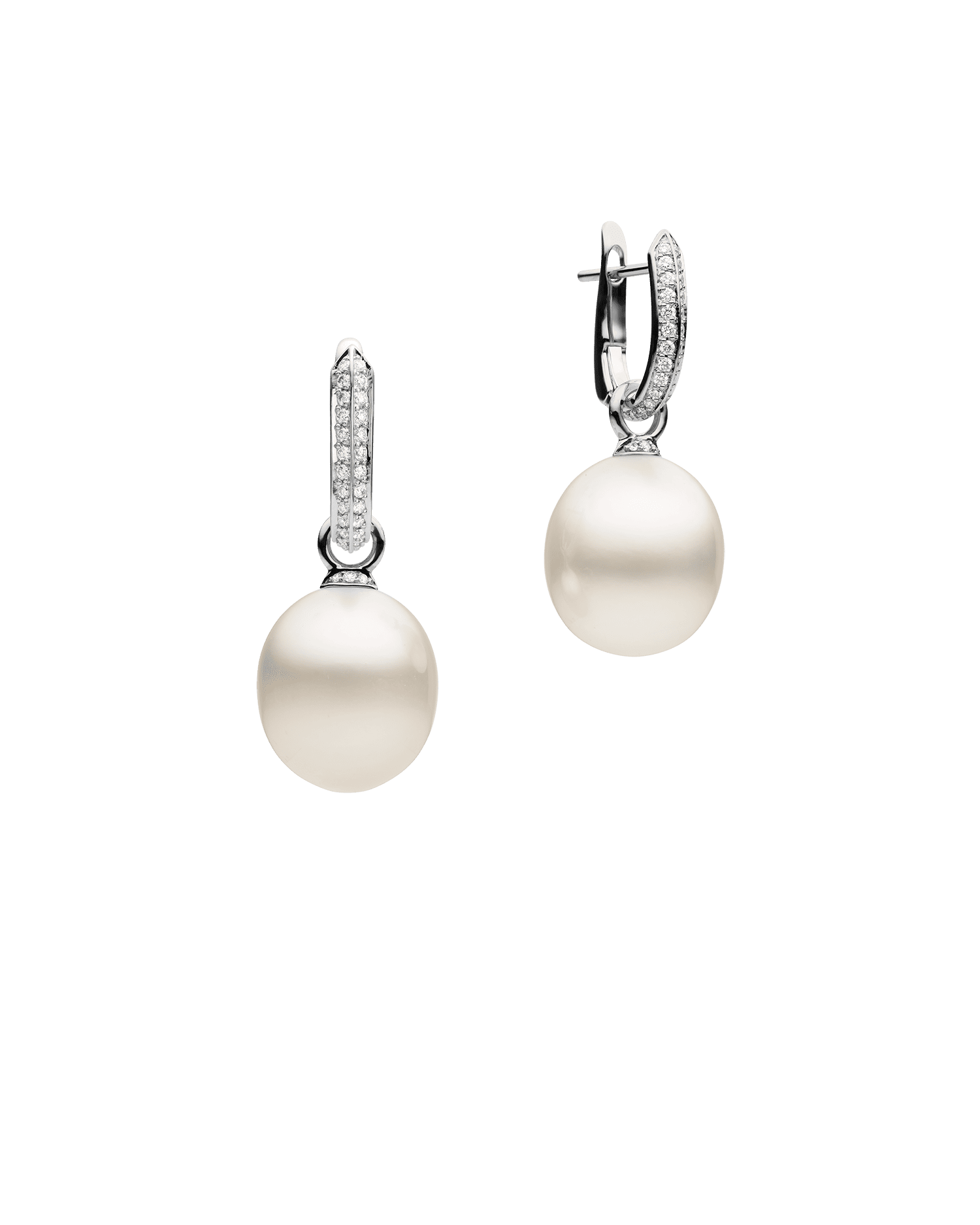 Diamond Keel Edge Pearls My Way Earrings | 13mm Oval Pearls, Diamonds, and White Gold