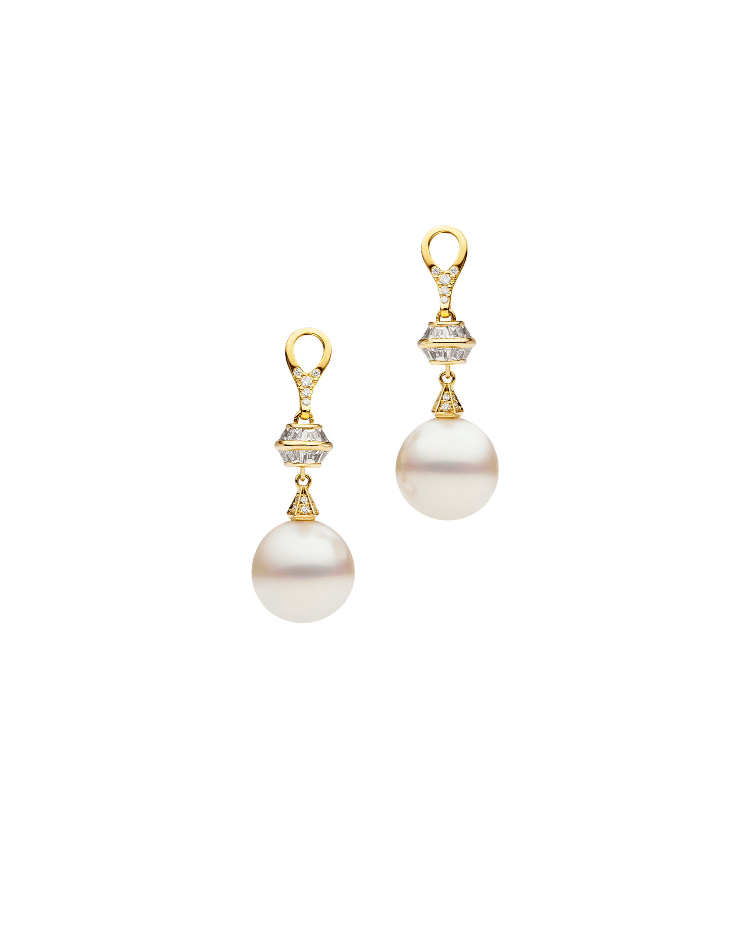 Diamond Sea Buoy Pearl Earring Enhancers | 12mm Semi-Round Pearl, Diamonds, and Yellow Gold