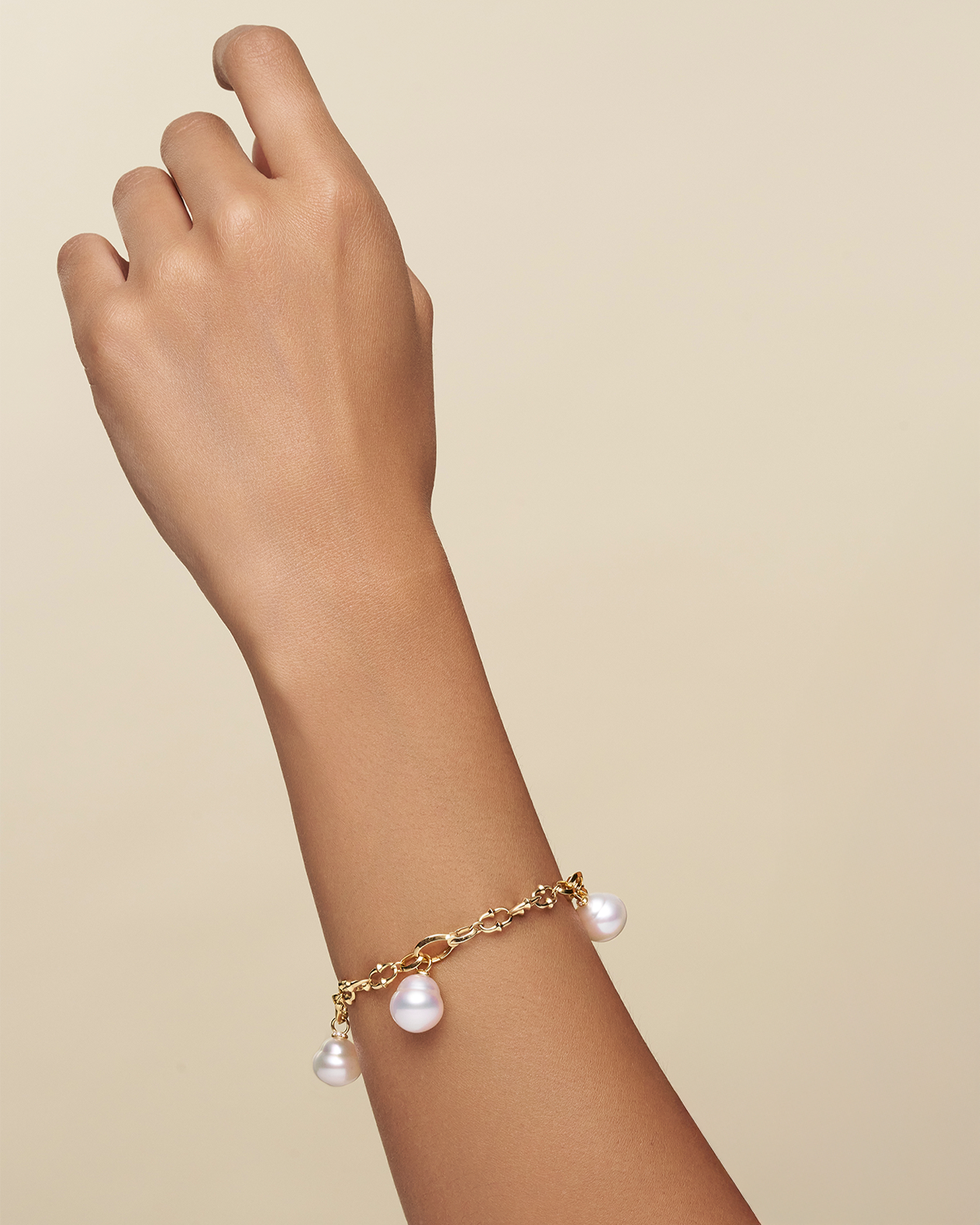 Layered Pearl Charm Bracelet | 12mm Circle Pearls, Diamonds, and Yellow Gold