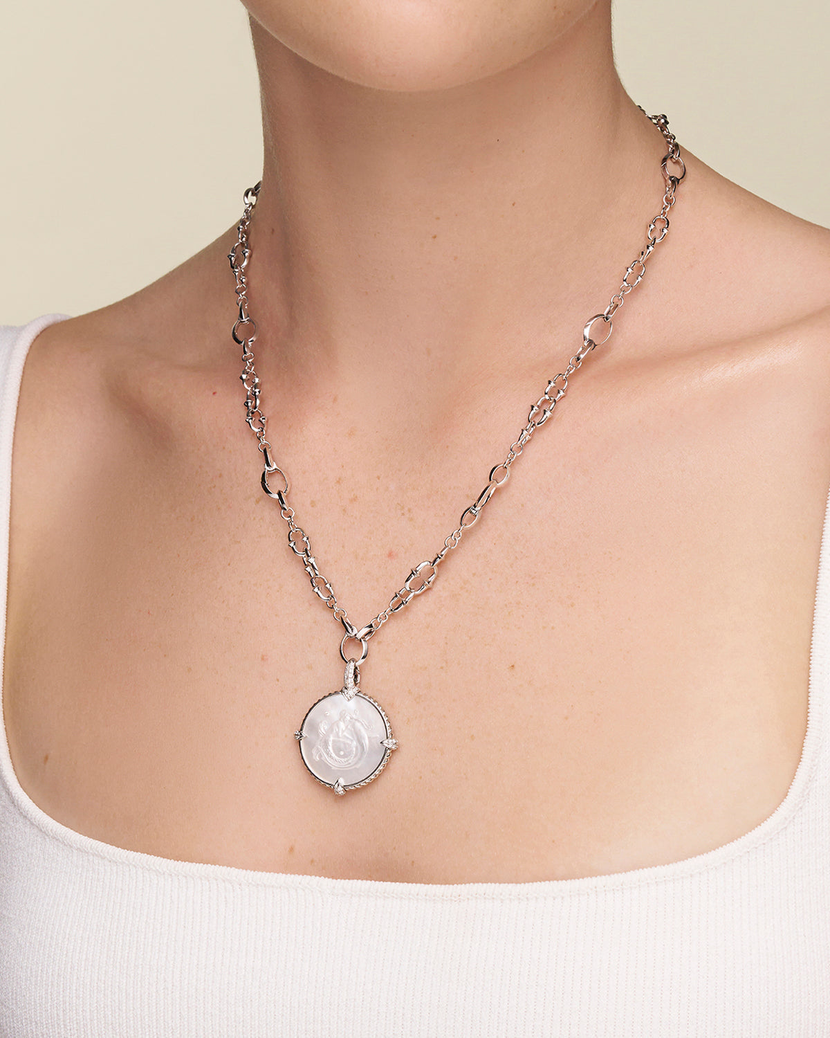 Dive Chain Necklace On Body D21N01W Mermaid Coin Charm On Body D21A07W