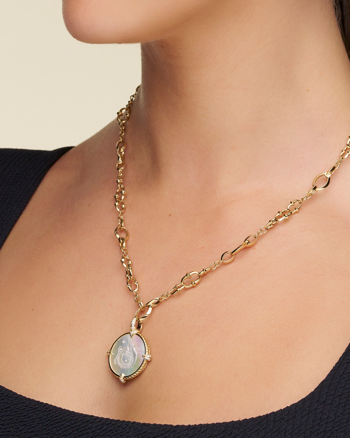 Dive Chain Necklace On Body D21N01Y Petite Mermaid Coin Charm On Body D21A01Y