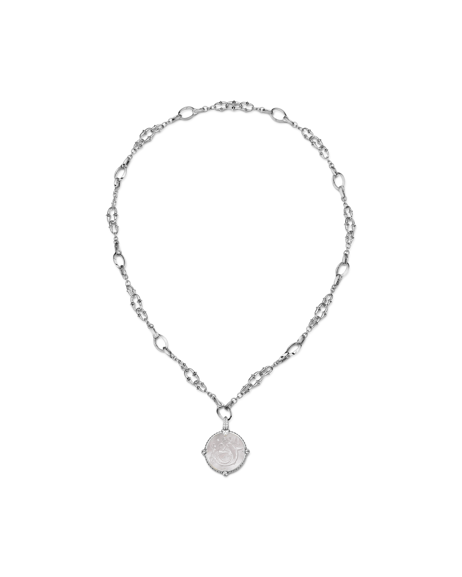Coin Charm Necklace | Mother of Pearl, Diamonds, and White Gold