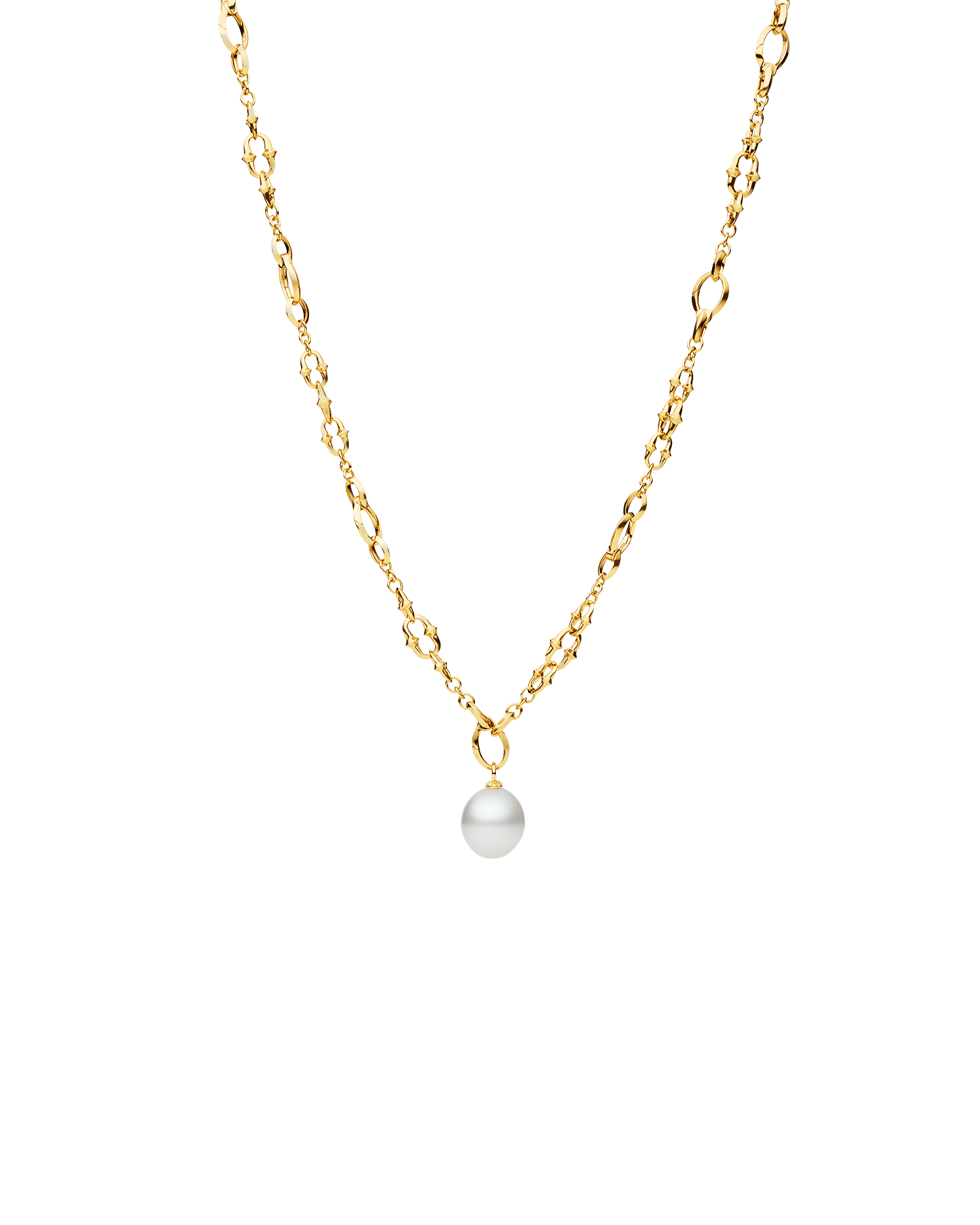 Dive Chain Pearl Charm Necklace 13mm Oval Pearl, Diamonds, and Yello