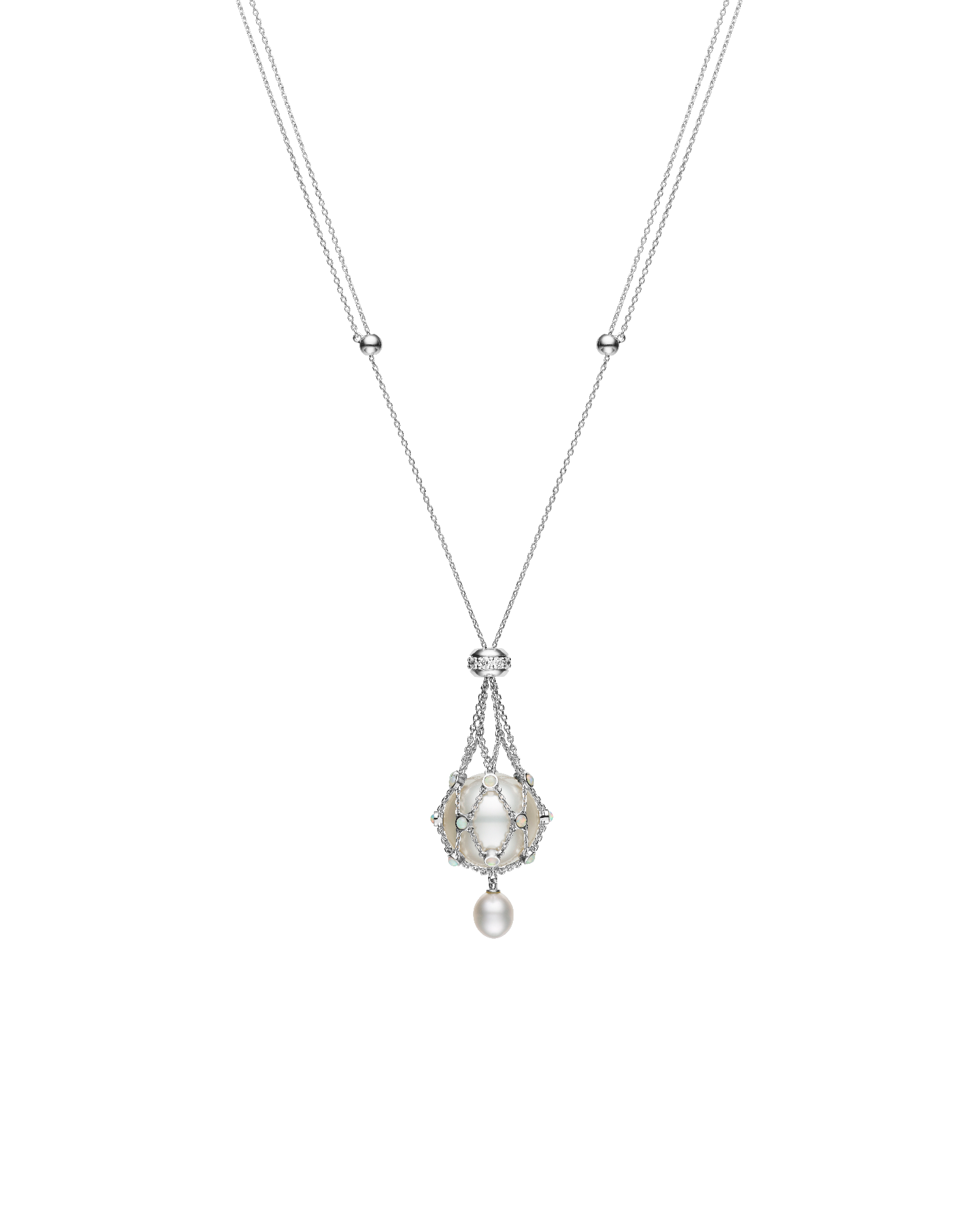 Opal Lavalier Pearl Necklace | 15mm Round Pearl, Opals, and White Gold