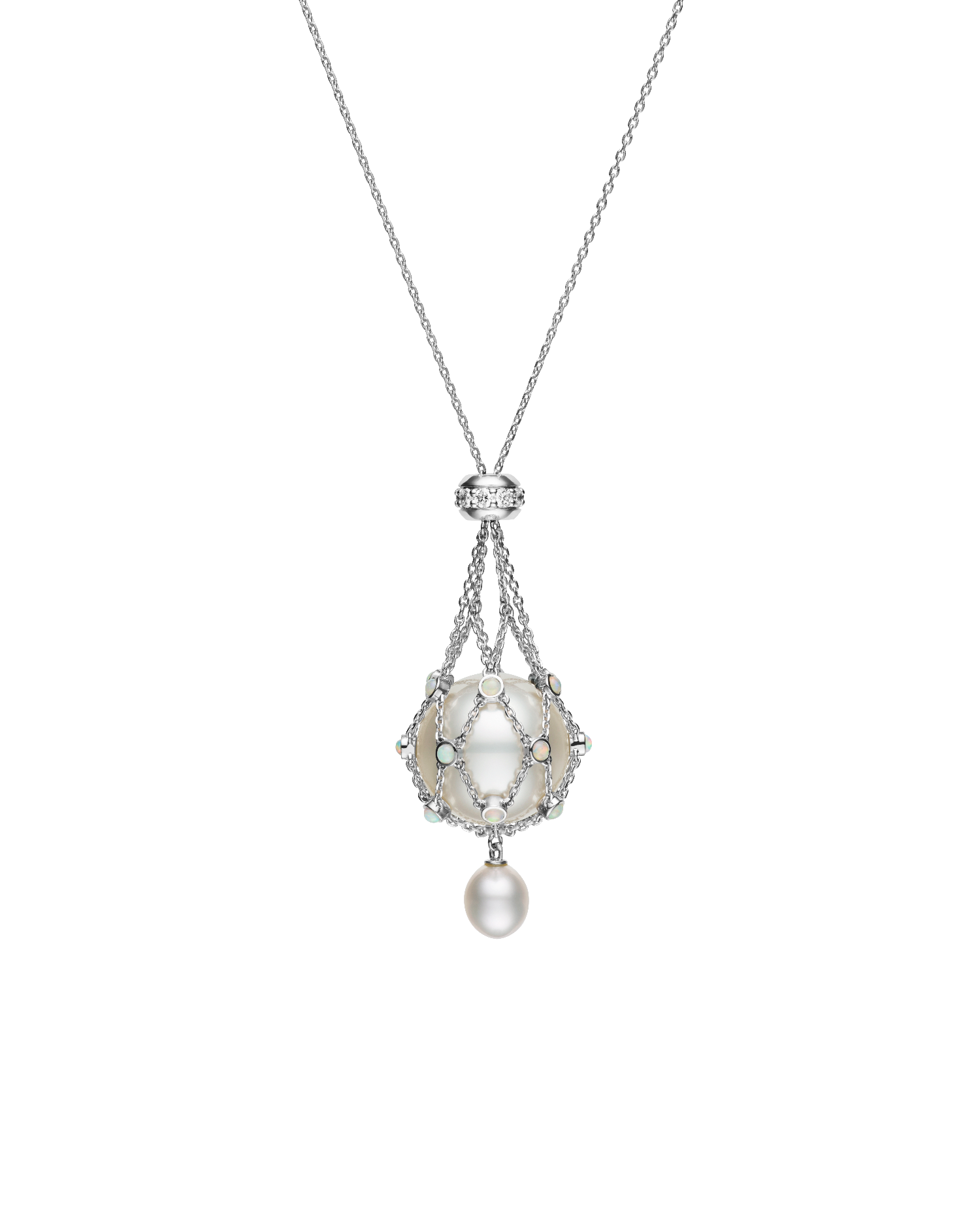 Opal Lavalier Pearl Necklace | 15mm Round Pearl, Opals, and White Gold