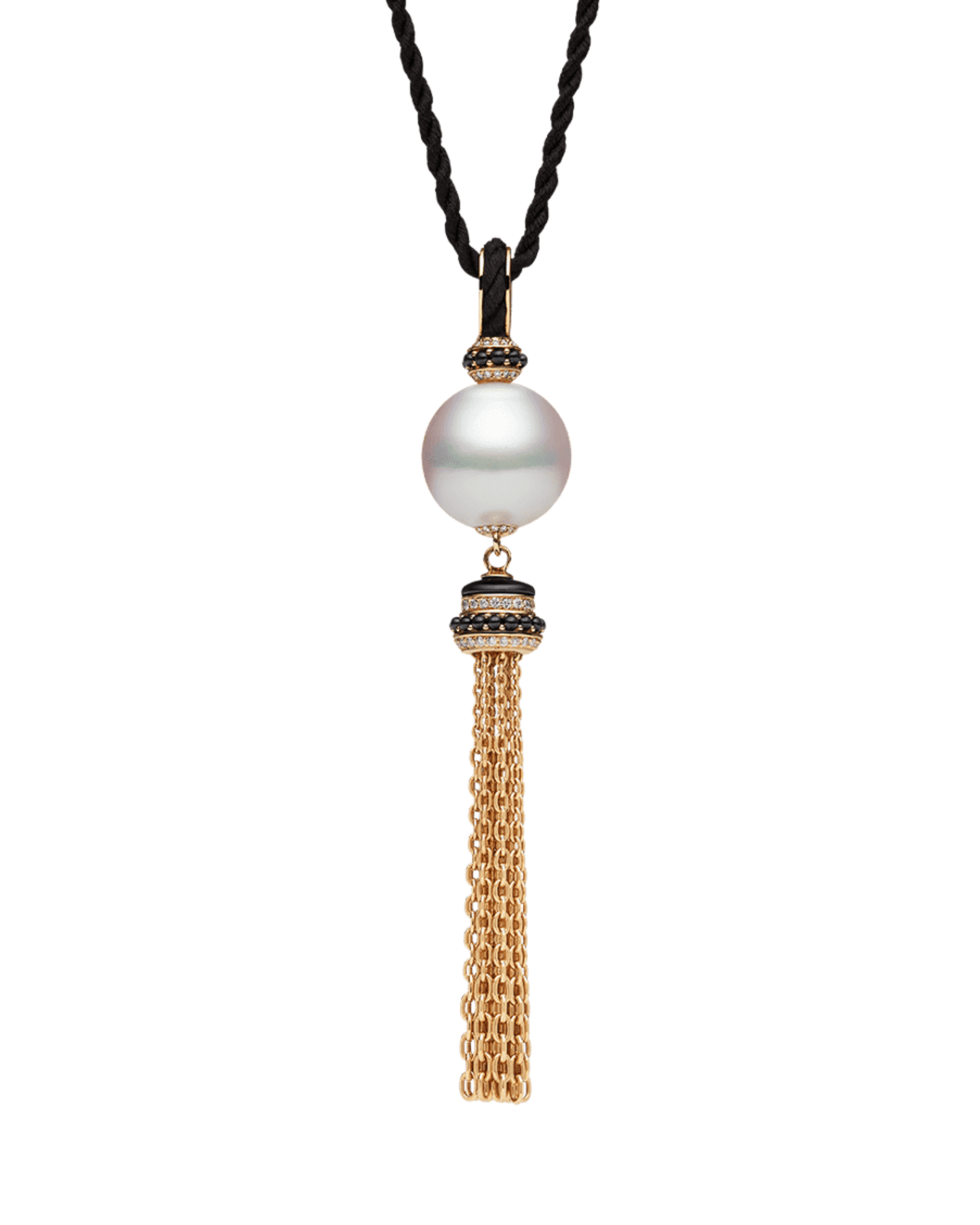 Tassel Pearl Pendant | 14mm Semi-Round Pearl, Black Spinel and Yellow Gold 1