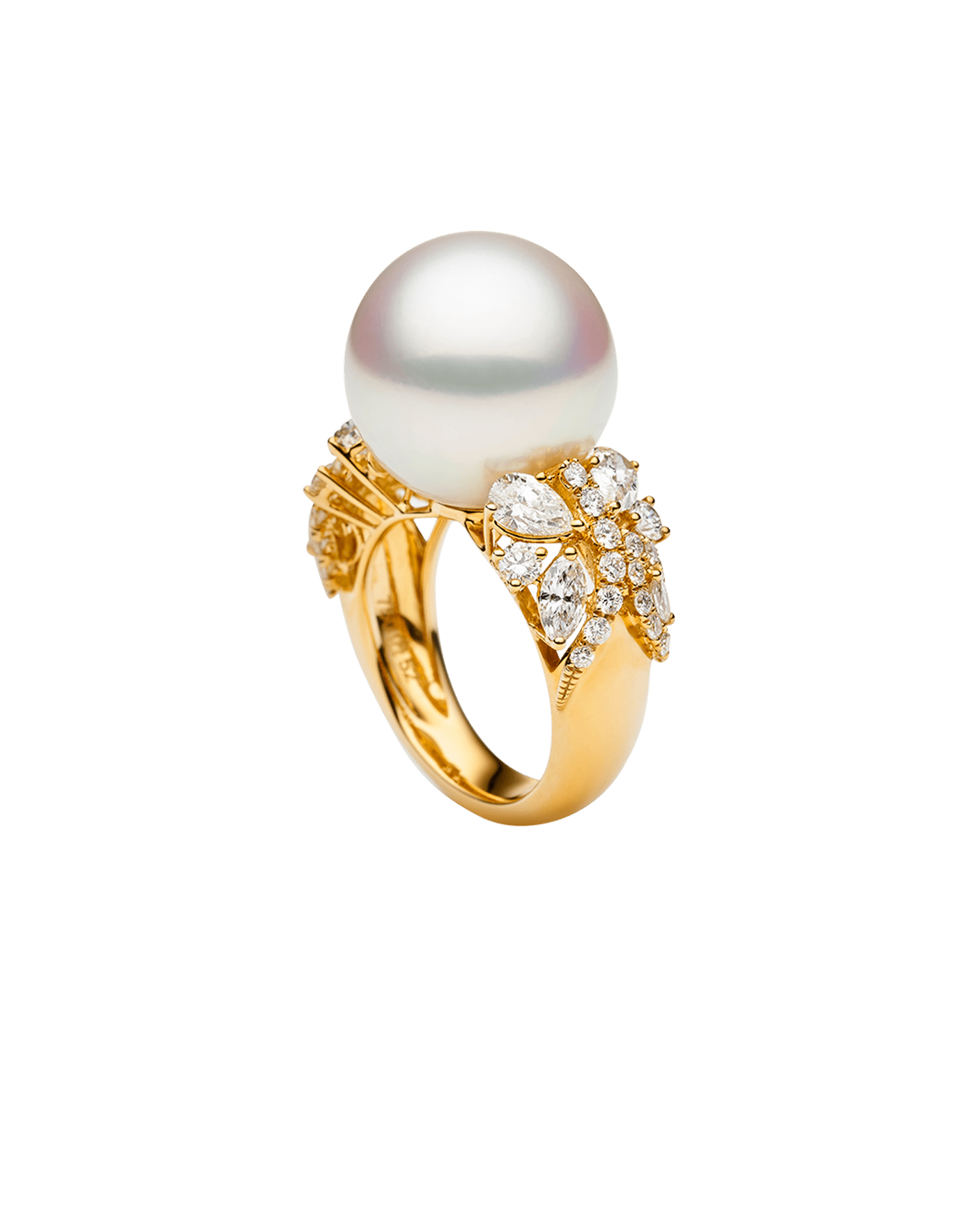 Diamond Dragonfly Pearl Ring | 15mm Round Pearl, Diamonds, and Yellow Gold 2