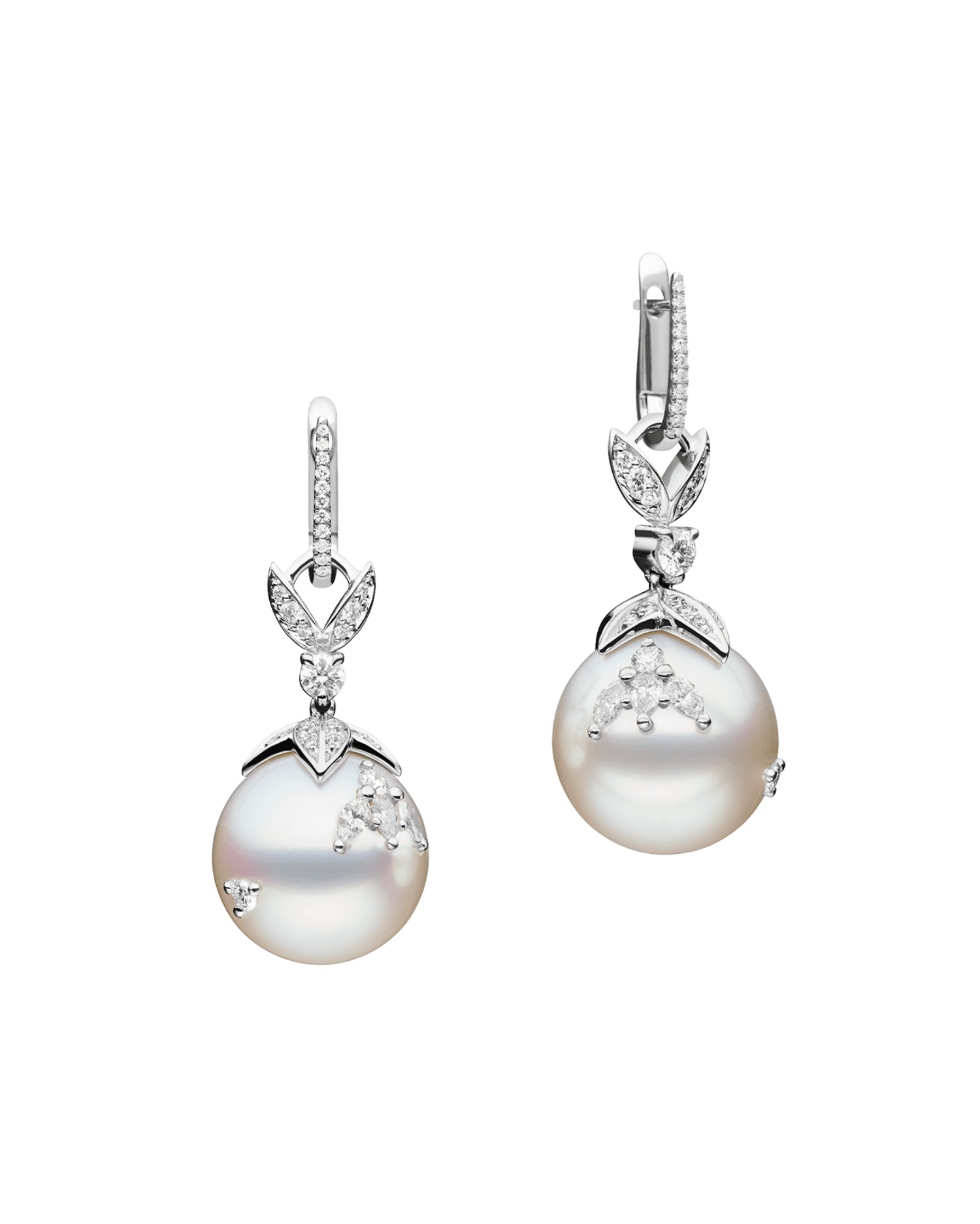 Full Moon Pearl Earrings 14mm Round Pearls, Diamonds, and White Gold