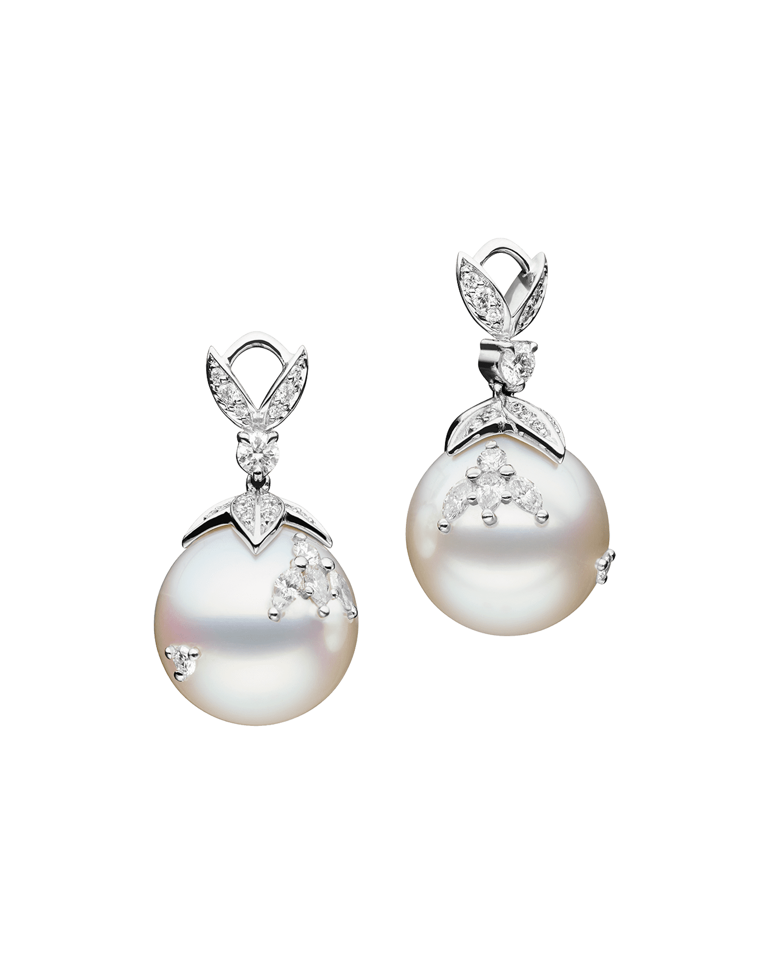 Full Moon Pearl Earring Enhancers | 14mm Round Pearls, Diamonds, and White Gold 2