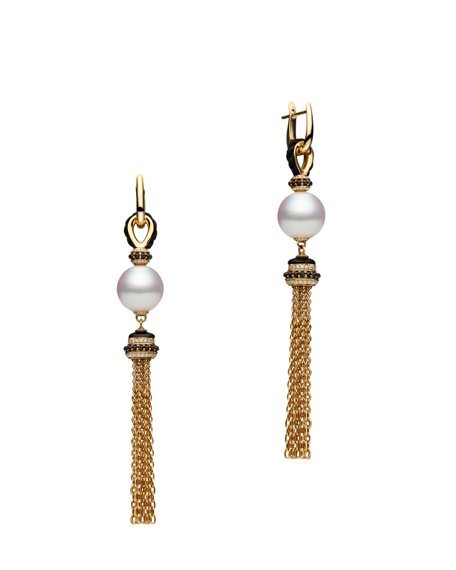 Tassel Pearl Earrings | 12mm Semi-Round Pearl, Black Spinel, and Yellow Gold