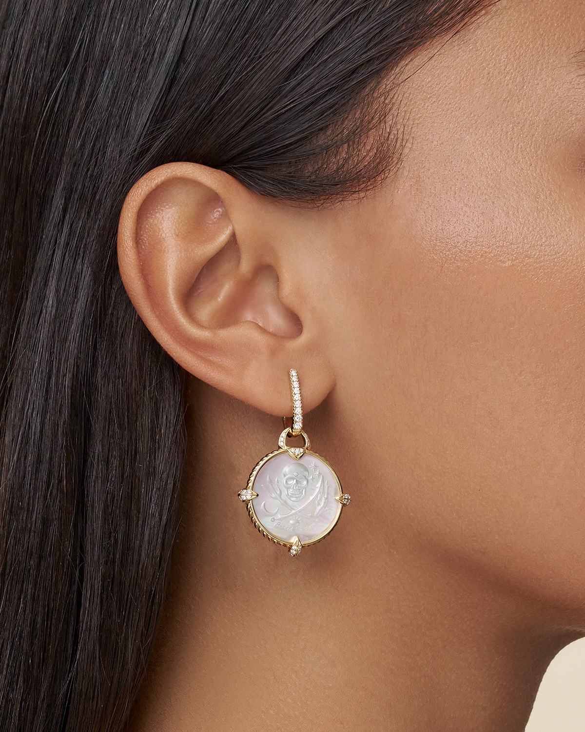 Diamond Coin Charm Earrings | Mother of Pearl, Diamonds, and Yellow Gold