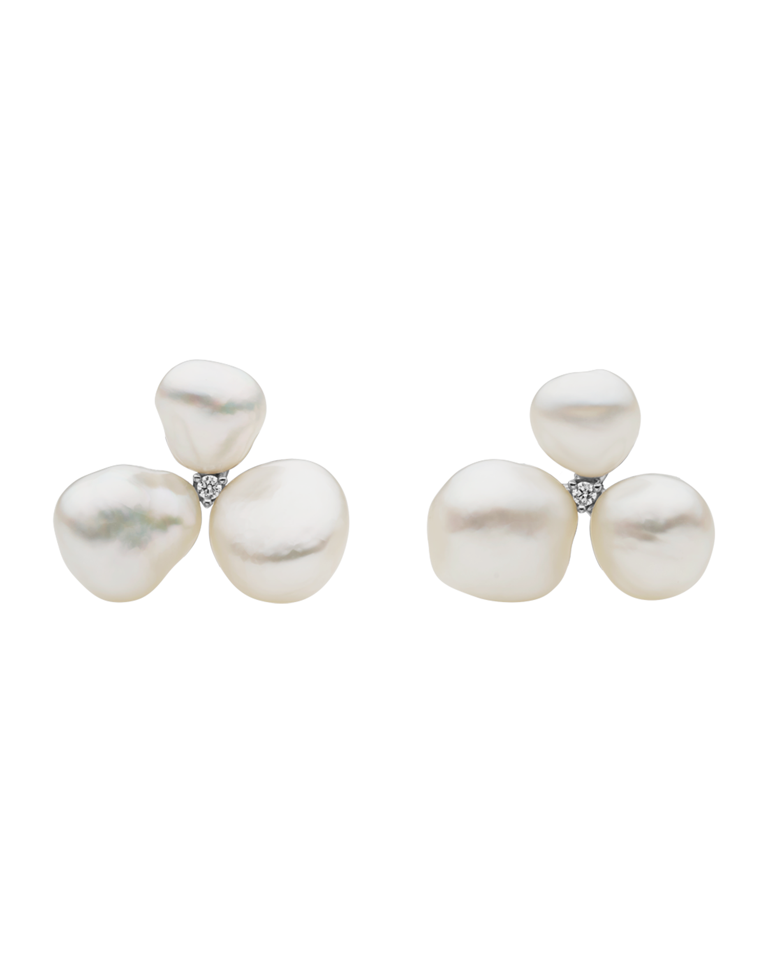 Diamond Triple Keshi Pearl Stud Earrings | 7-9mm Keshi Baroque Pearls, Diamonds, and Platinum