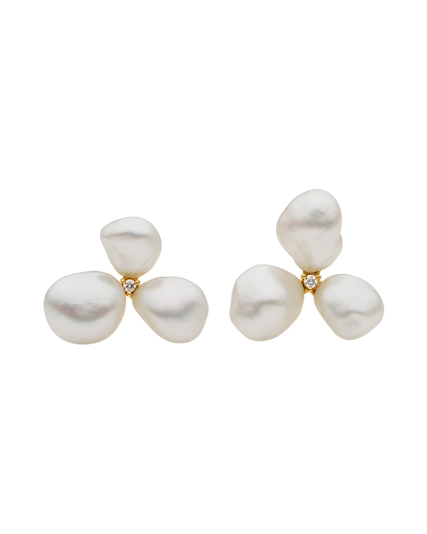 Diamond Triple Keshi Pearl Stud Earrings | 7-9mm Keshi Baroque Pearls, Diamonds, and Yellow Gold