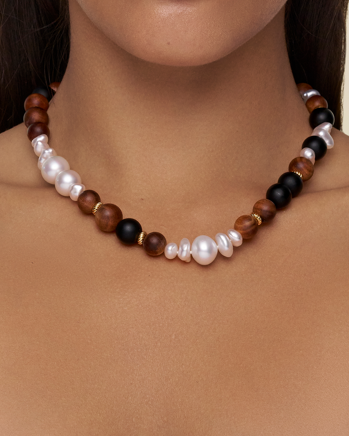 Kimberley Golden Dusk Keshi Pearl Choker Necklace Pearls Sandalwood and Yellow Gold On Body csrc32dmx