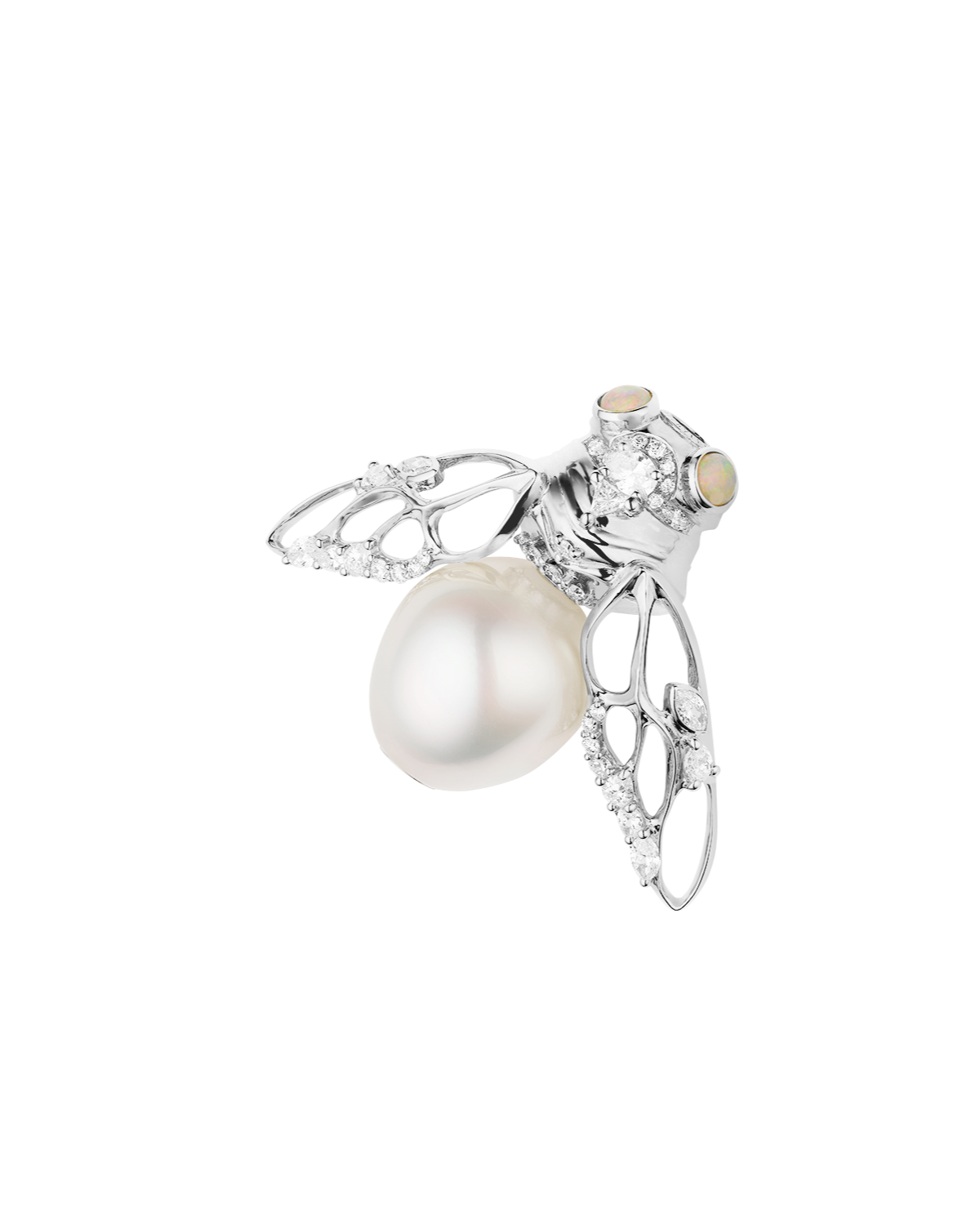 Lacewing Cicada Pearl Clasp | 12mm Drop Pearl, Diamond, and White Gold