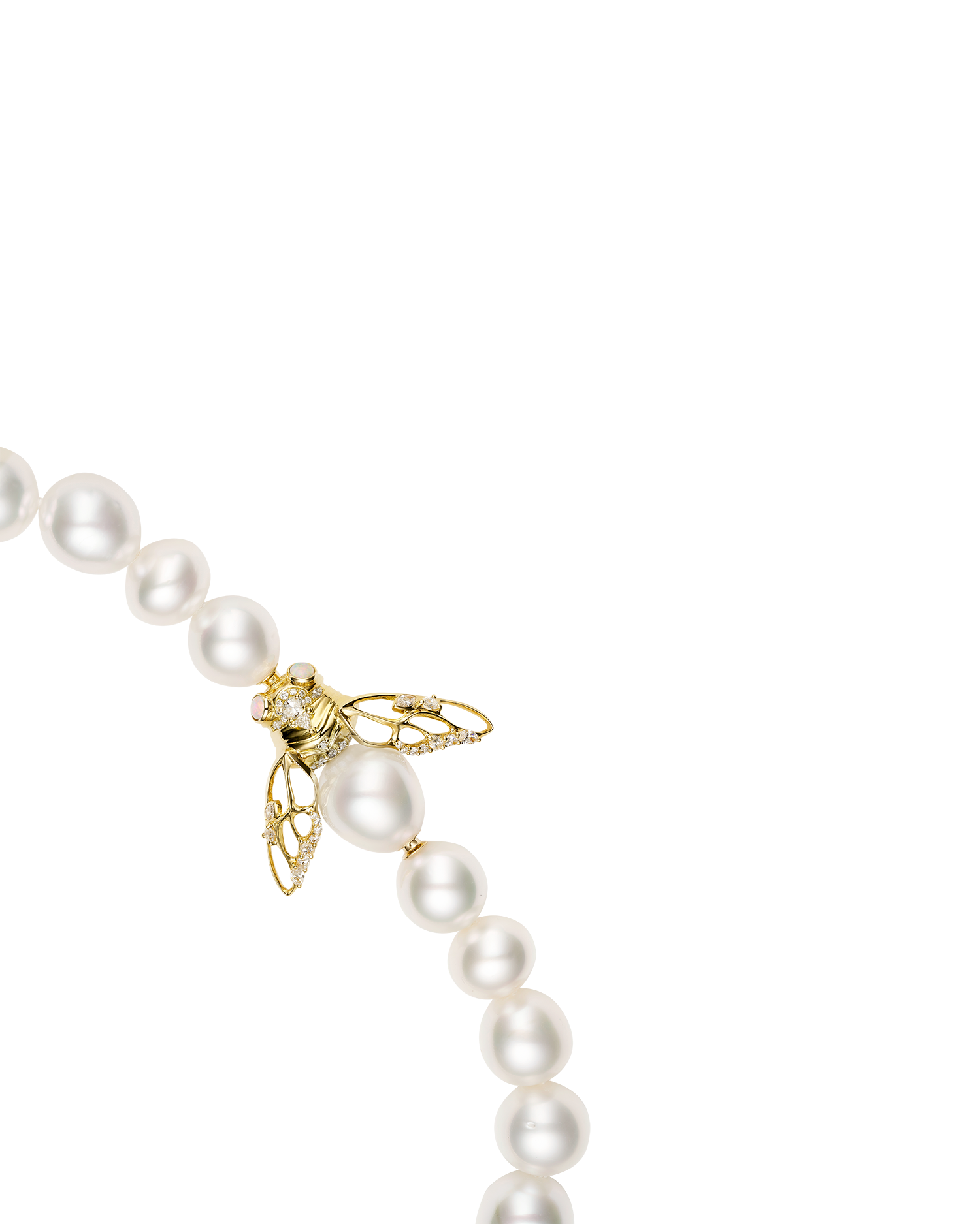 Lacewing Cicada Pearl Clasp | 12mm Drop Pearl, Diamond, and Yellow Gold