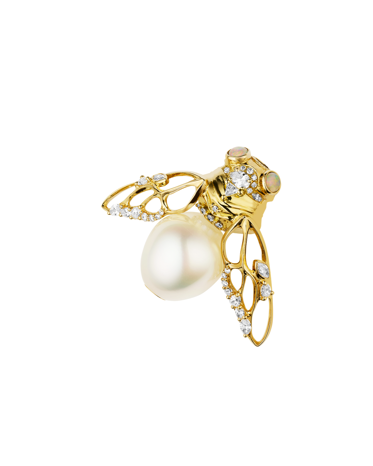 Lacewing Cicada Pearl Clasp | 12mm Drop Pearl, Diamond, and Yellow Gold