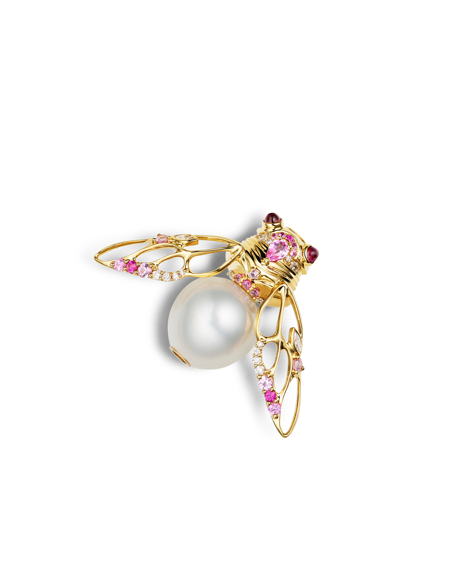 Blushing Cicada Pearl Clasp | 12mm Drop Pearl, Pink Sapphire, and Yellow Gold