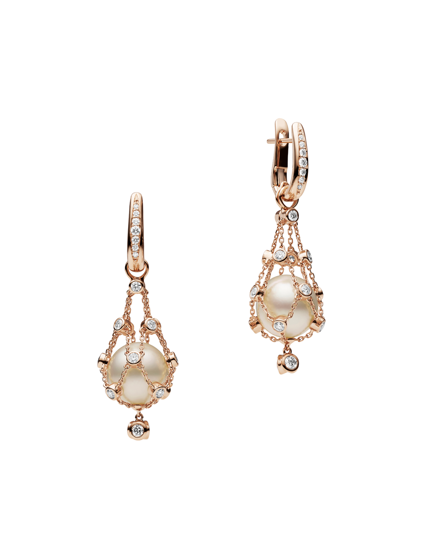 Diamond Lavalier Pearl Earrings with 12mm Button Pearl, Diamonds, and Rose Gold DH14E21RPB12