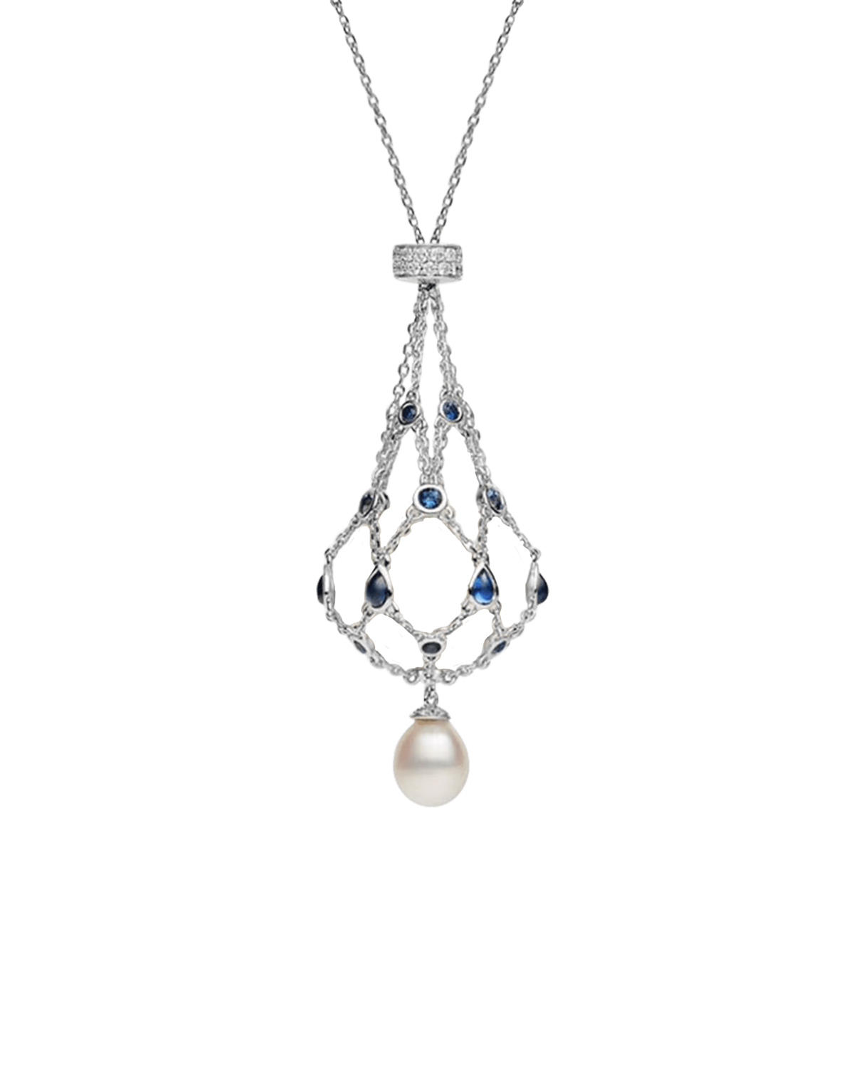 Lavalier Blue Sapphire Pearl Necklace With 15mm Button Pearl White Gold Dh20n24wpb15