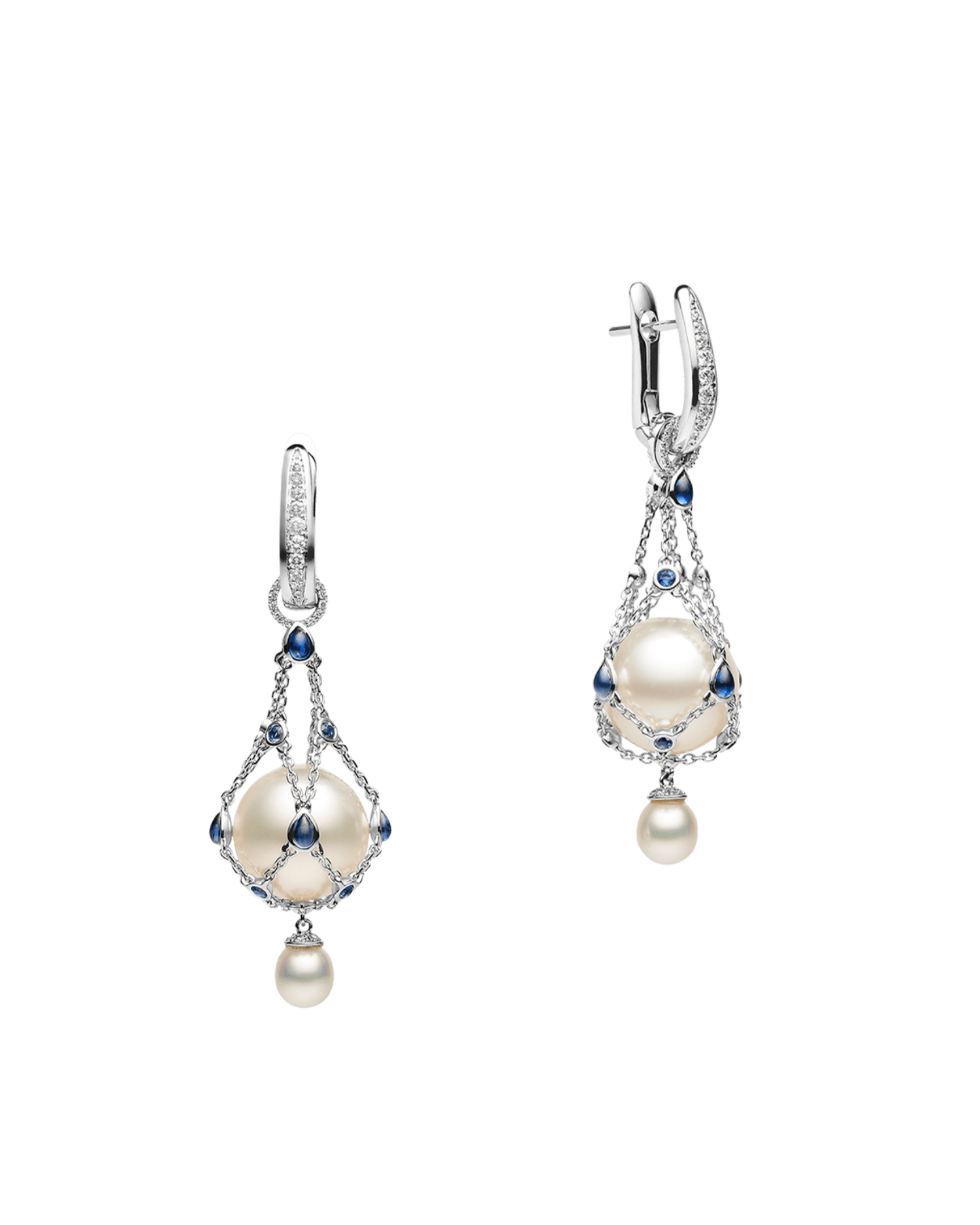 Blue Sapphire Lavalier Pearl Earrings | 12mm Button Pearls, Blue Sapphires, and White Gold 1