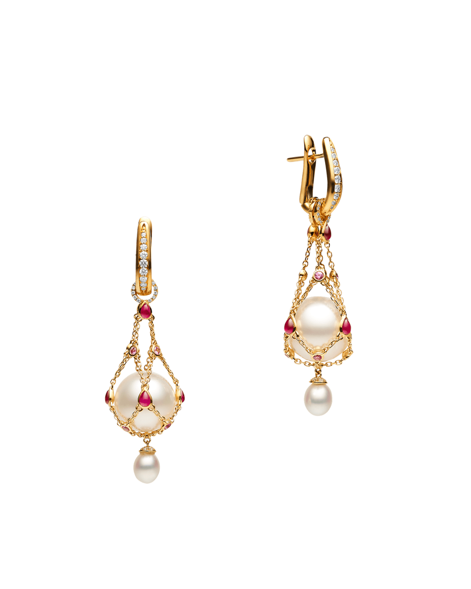 Ruby Lavalier Pearl Earrings | 12mm Button Pearls, Rubies, and Yellow Gold 1