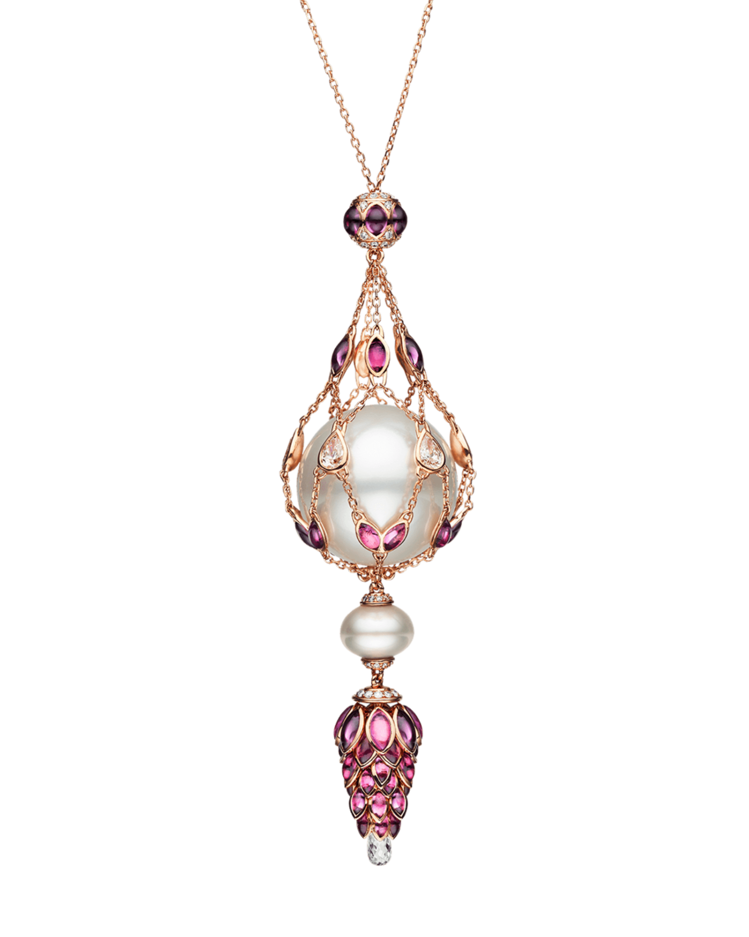 Rhodolite Hero Lavalier Pearl Necklace | 15mm Round Pearl, Rhodolites and Rose Gold 1
