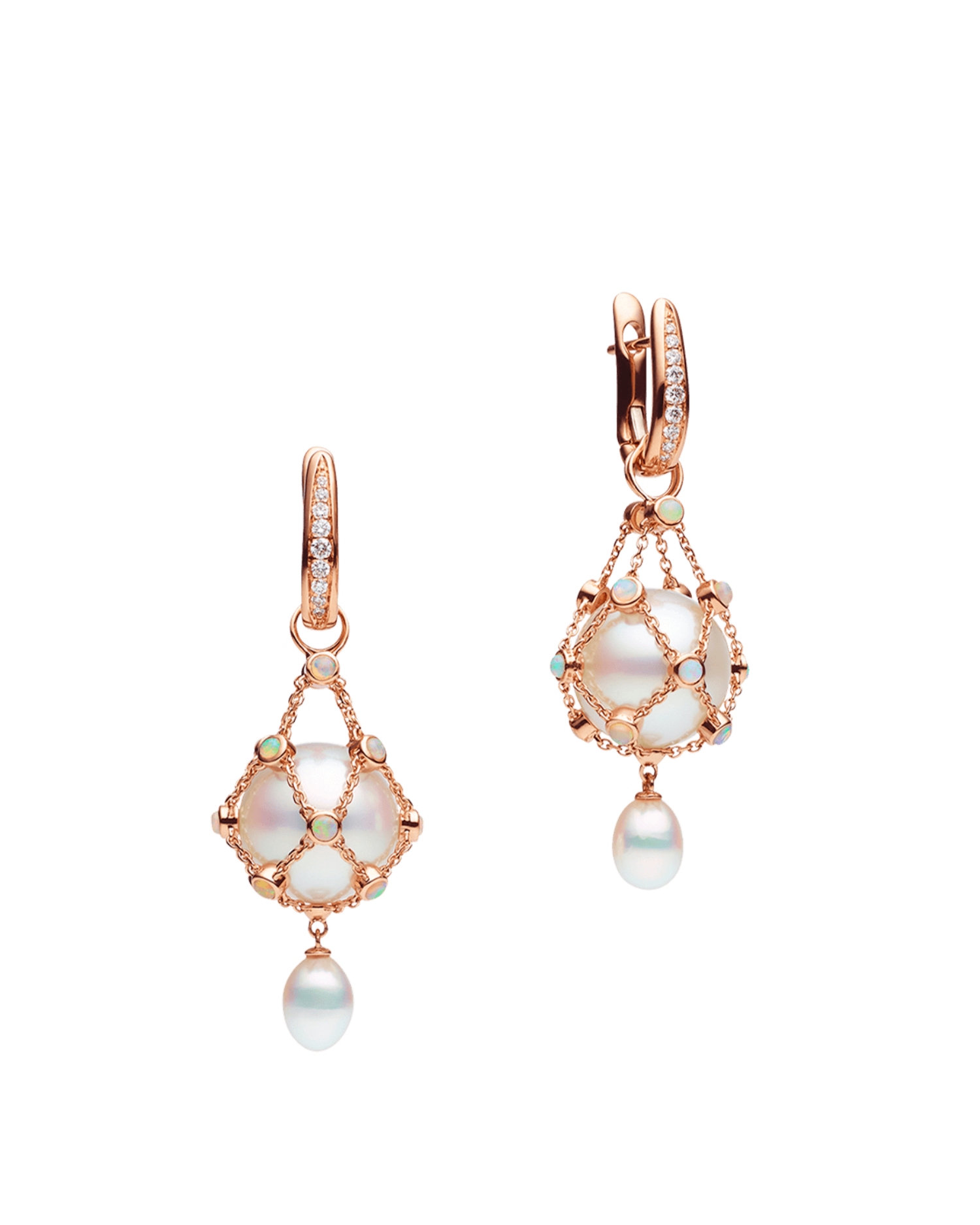 Opal Hero Lavalier Pearl Earrings | 12mm Round Pearls, Opals and Rose Gold 1