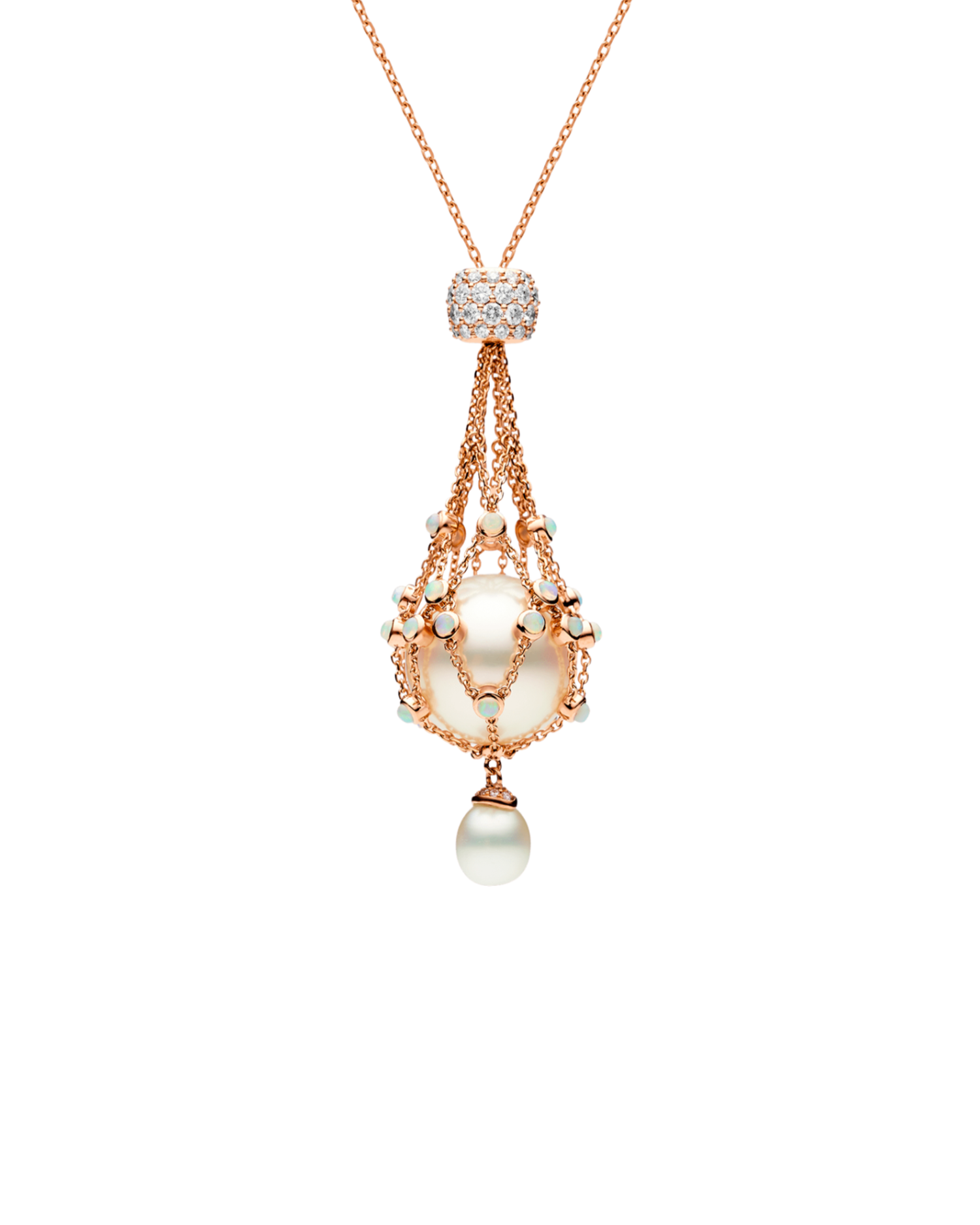 Opal Hero Lavalier Pearl Necklace | 15mm Round Pearl, Opals and Rose Gold 1