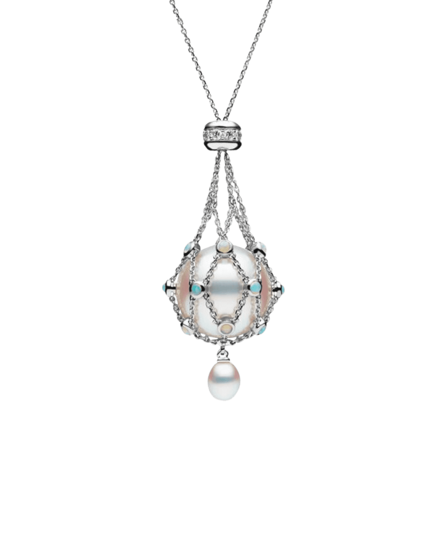 Opal Hero Lavalier Pearl Necklace | 15mm Round Pearls, Opals and White Gold 1