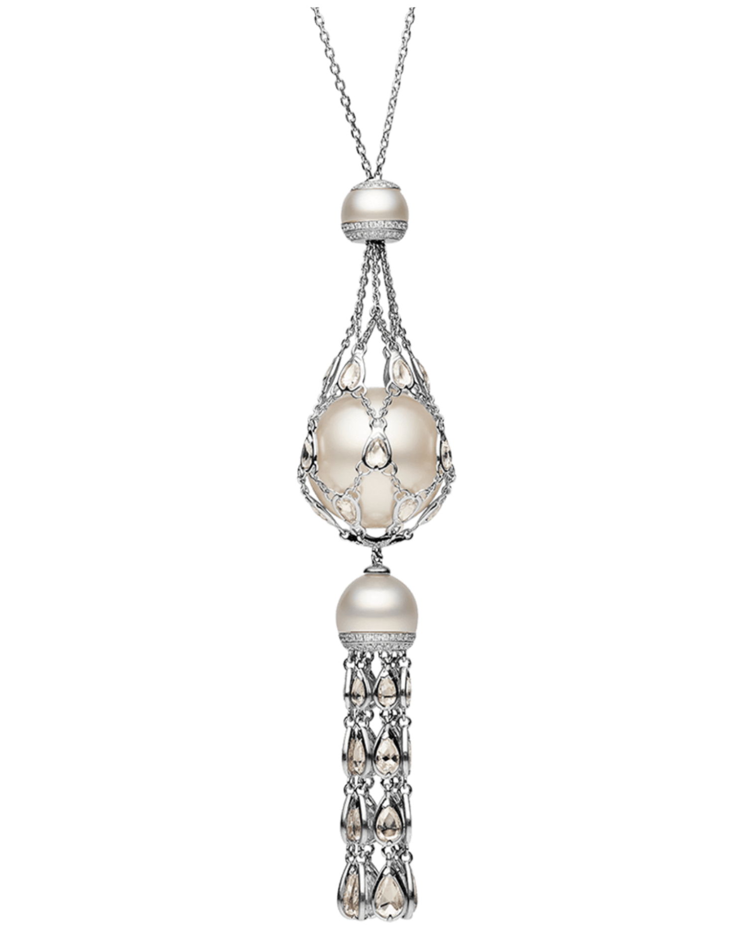 Diamond Hero Lavalier Pearl Necklace | 18mm Round Pearl, Diamonds, and White Gold 1