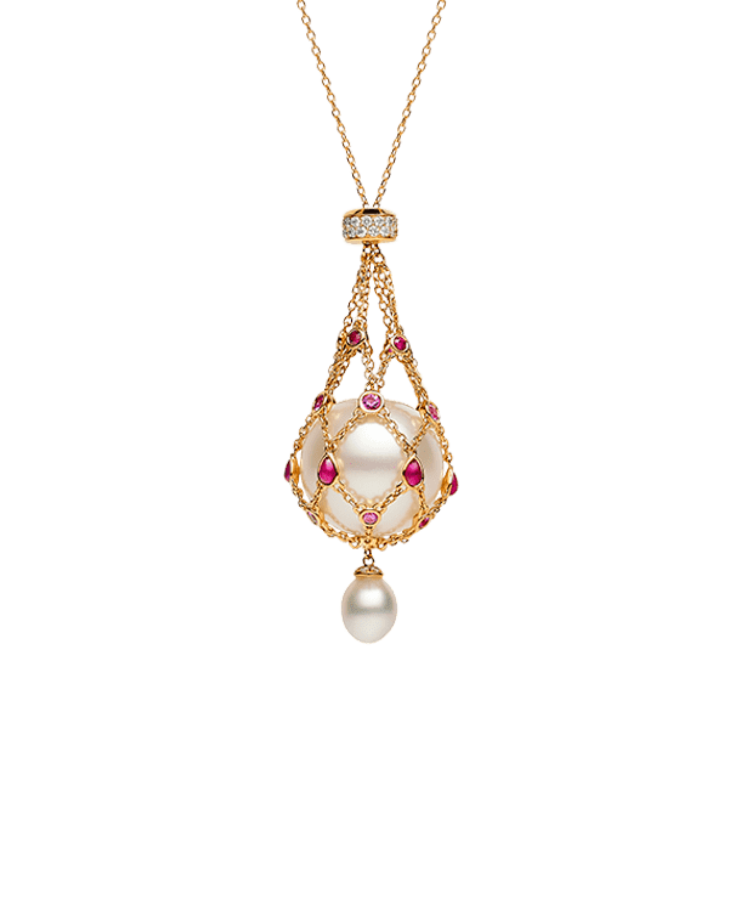 Ruby Lavalier Pearl Necklace | 14mm Button Pearl, Rubies and Yellow Gold 1
