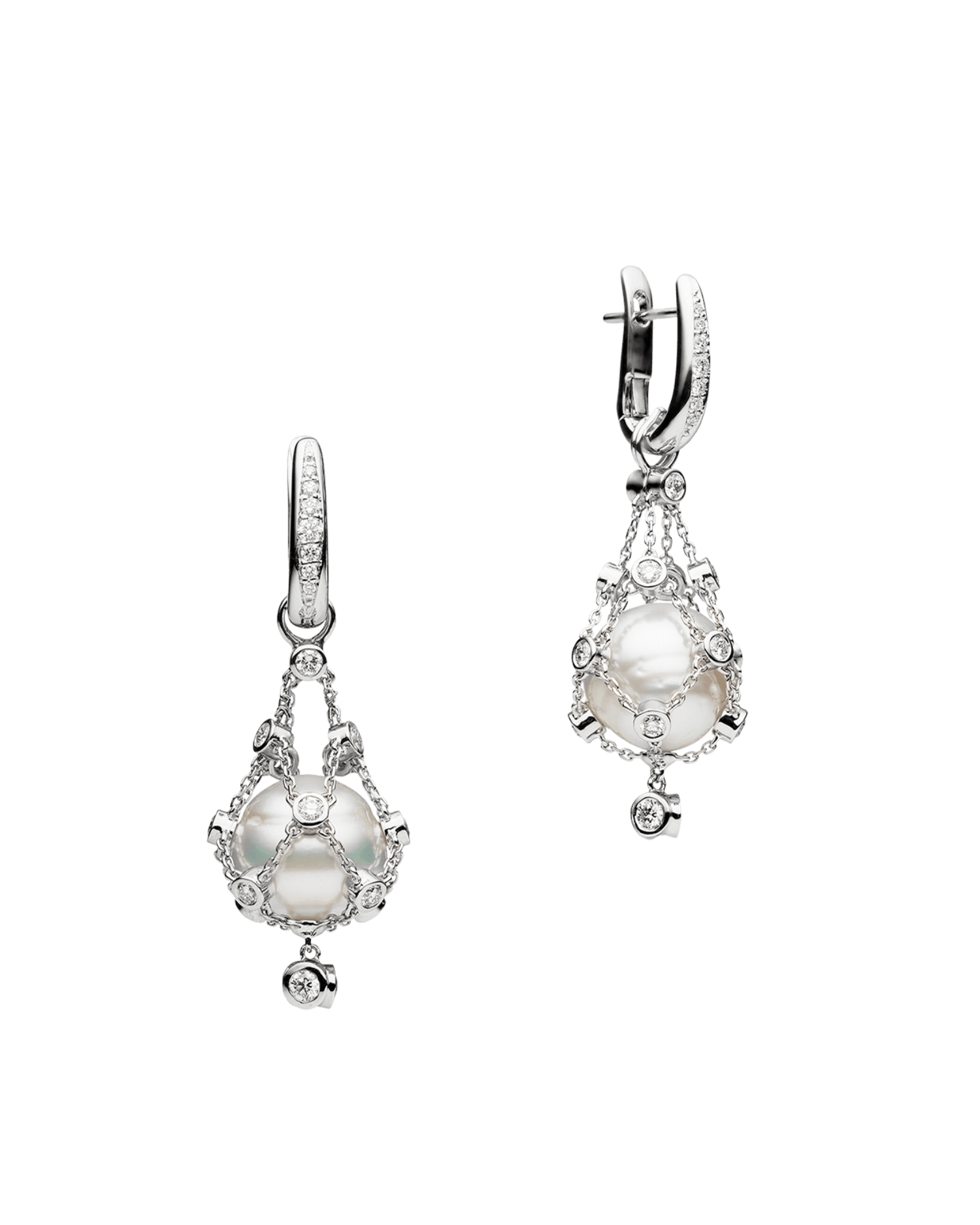Diamond Lavalier Pearl Earrings | 12mm Circle Pearls, Diamonds and White Gold 1