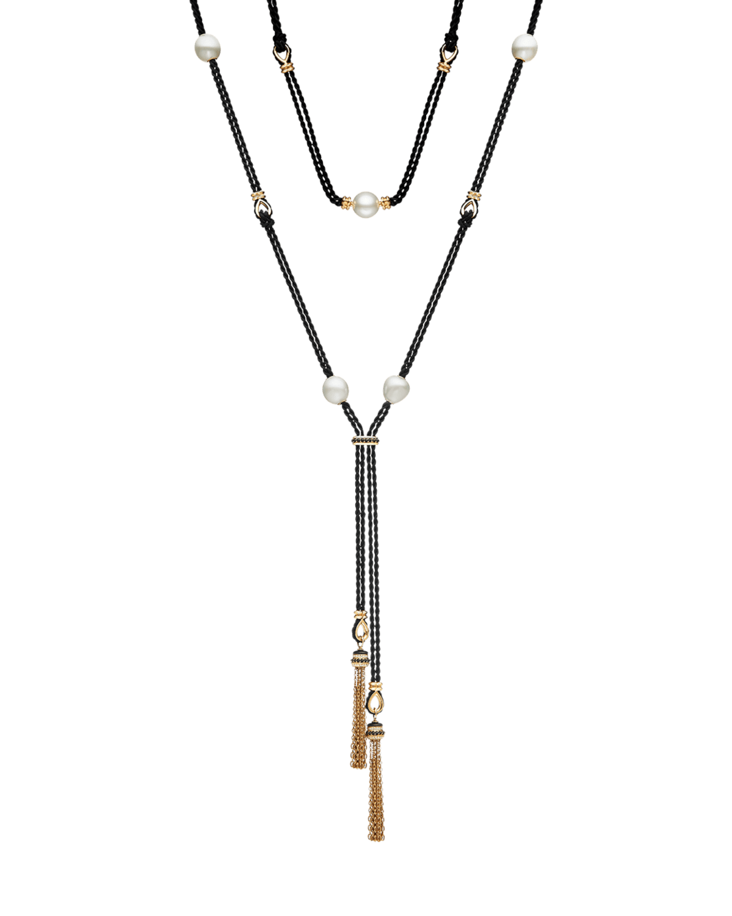 Tassel Rope Pearl Necklace | 12mm Pearls, Black Spinel, and Yellow Gol