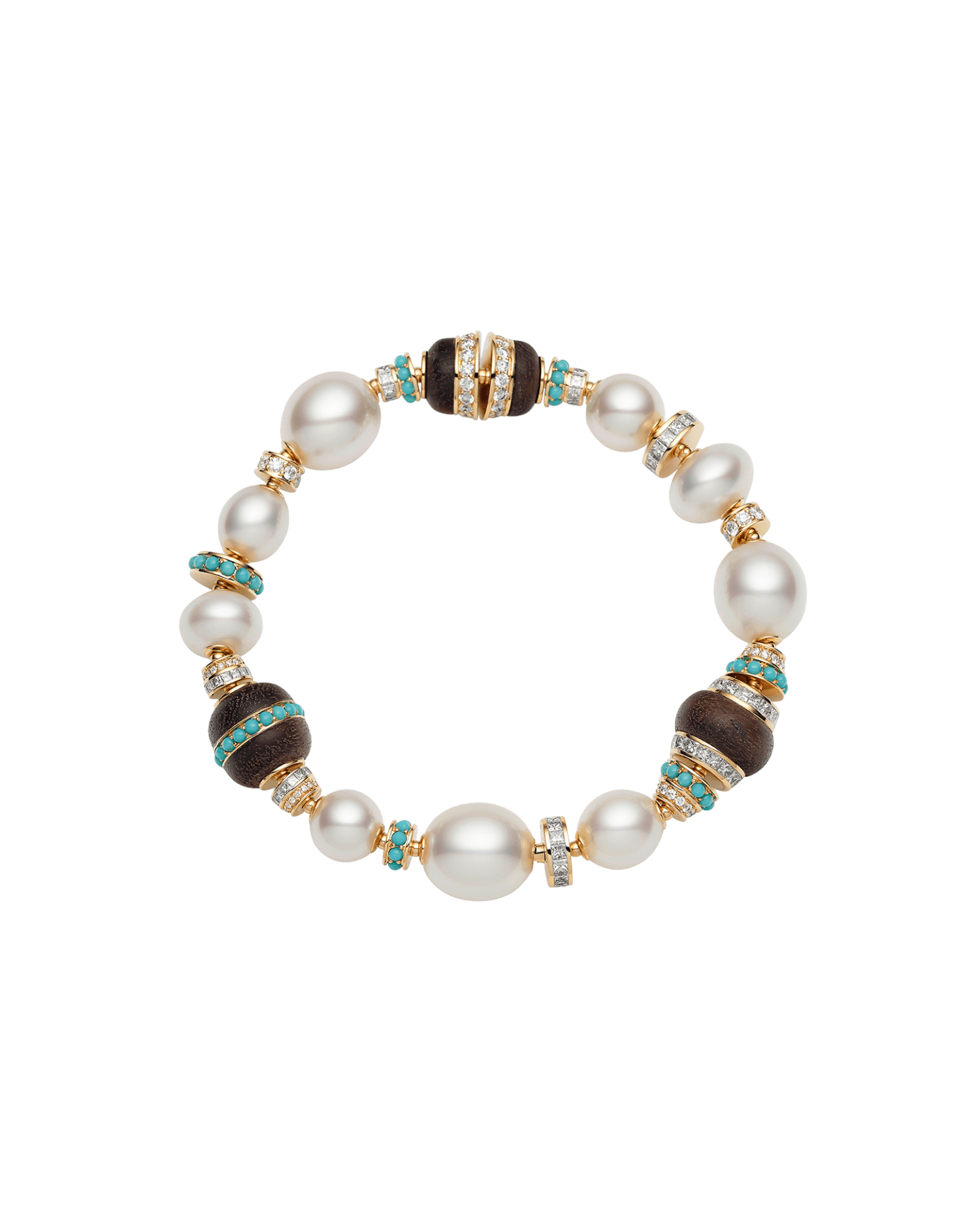 Lugger Wood Pearl Bracelet | 8-11mm Pearls, Turquoise, and Yellow Gold 1