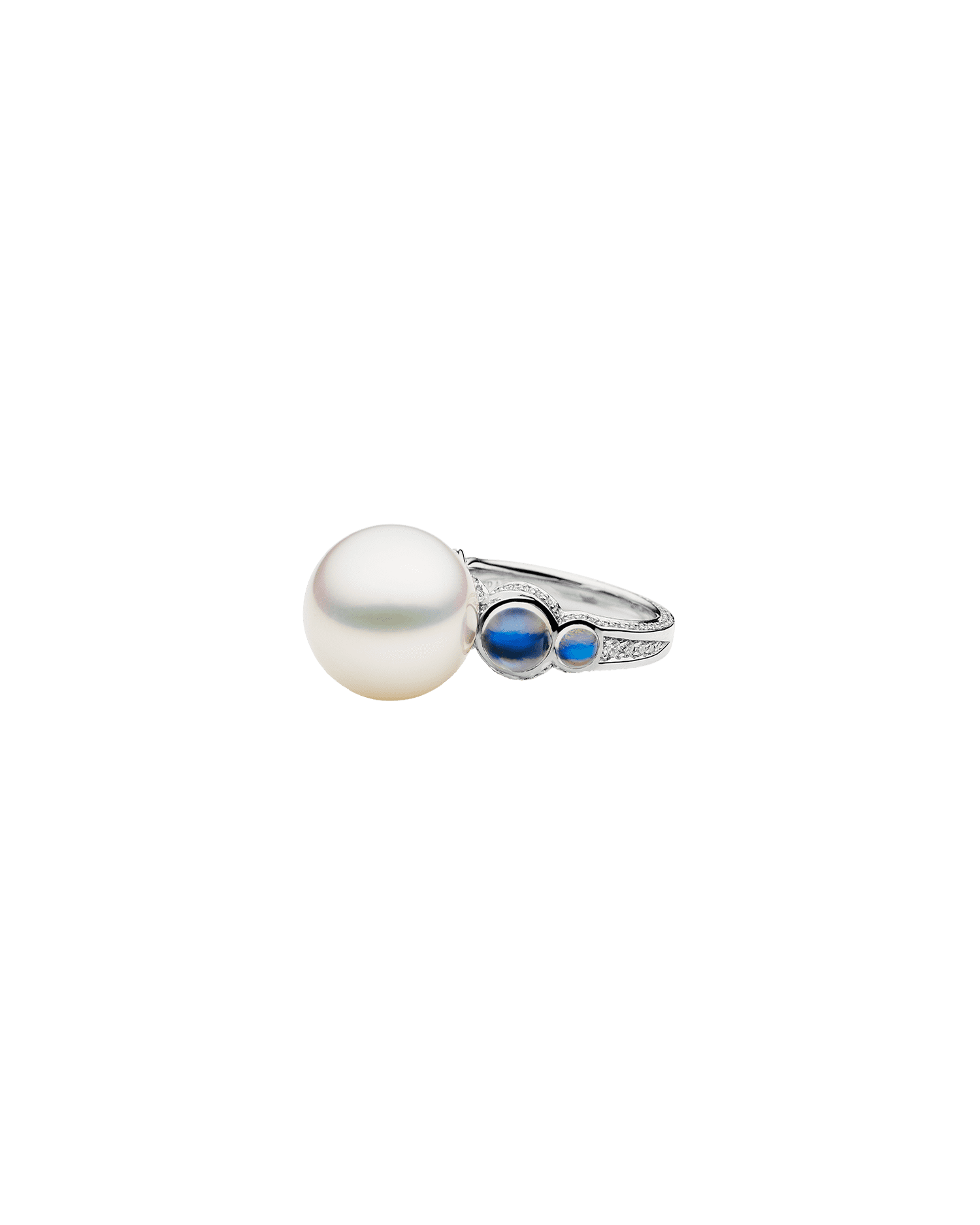 Lunar Tidal Pearl Ring | 15mm Round Pearl, Moonstones, and White Gold 3