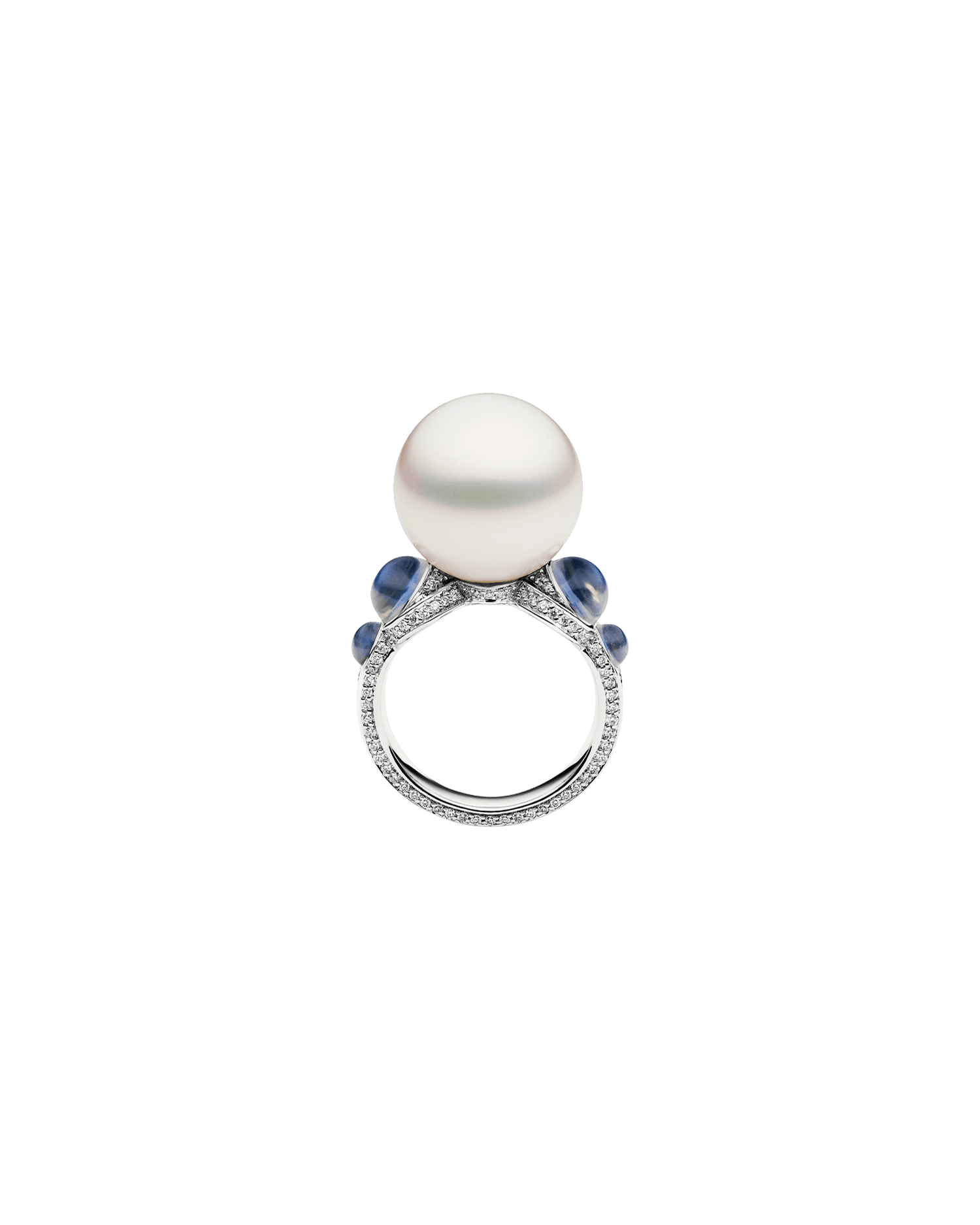 Lunar Tidal Pearl Ring | 15mm Round Pearl, Moonstones, and White Gold 2