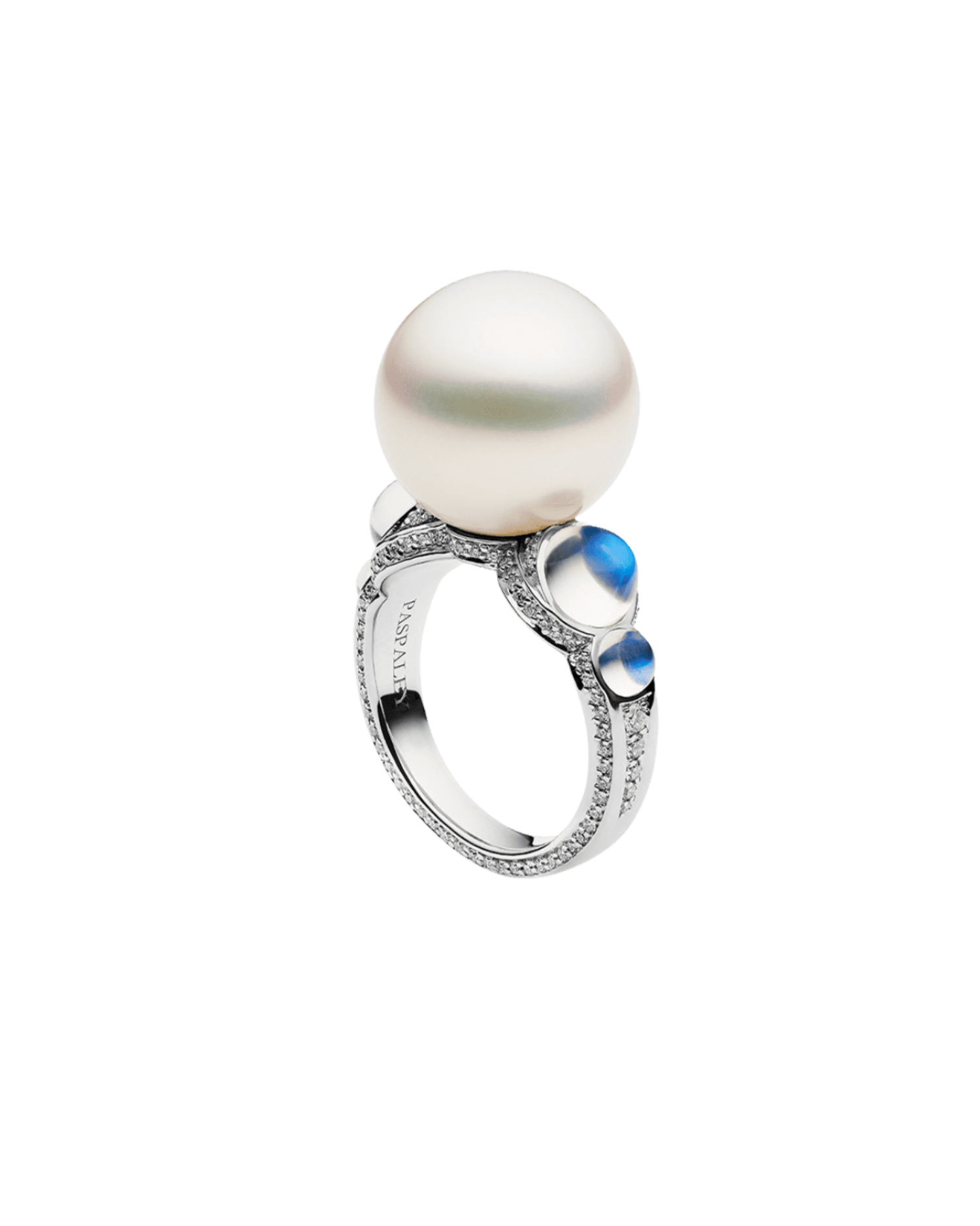Lunar Tidal Pearl Ring | 15mm Round Pearl, Moonstones, and White Gold 1