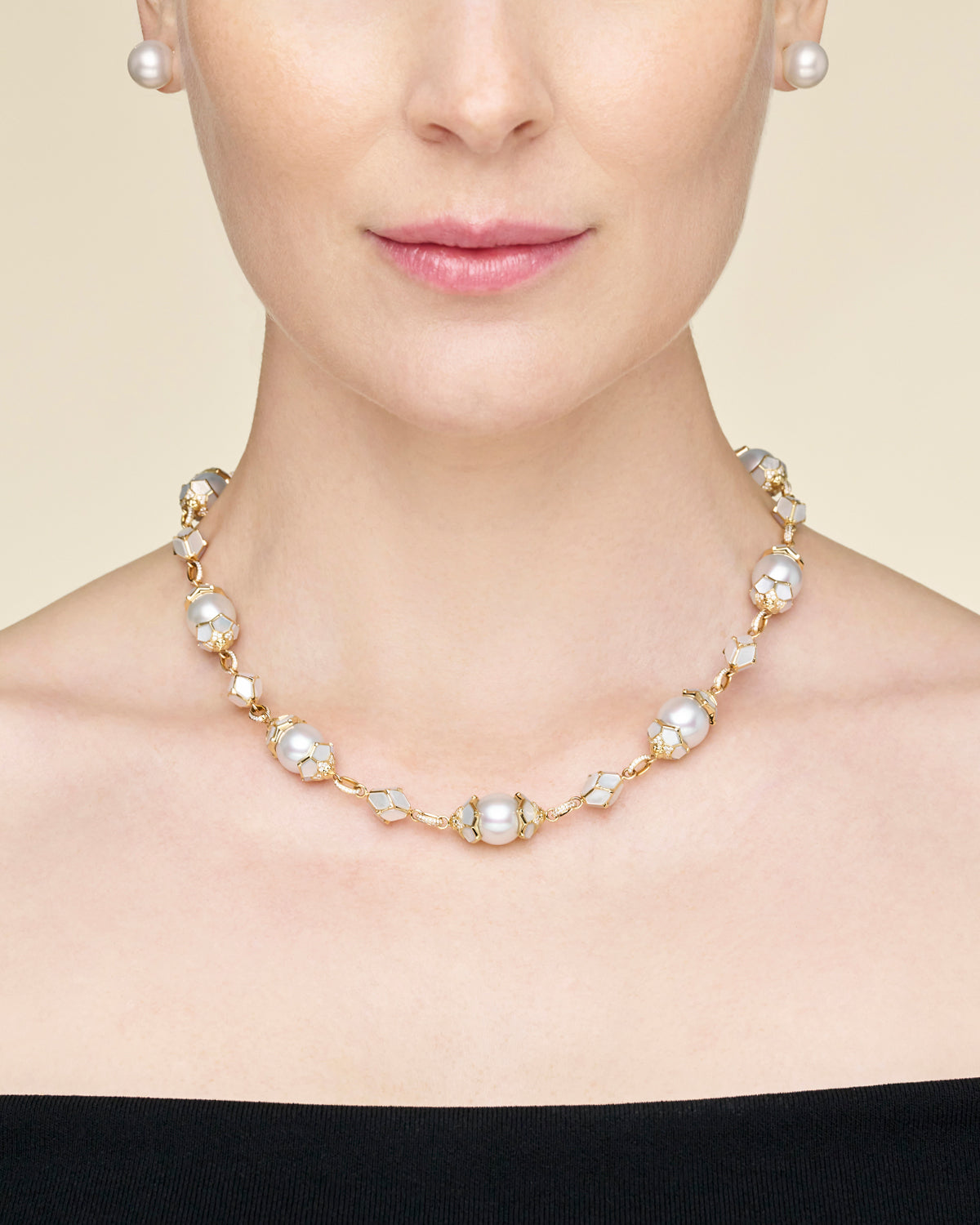 Megisti Pearl Necklace | 11-12mm Oval Pearls, Diamonds, and Yellow Gold