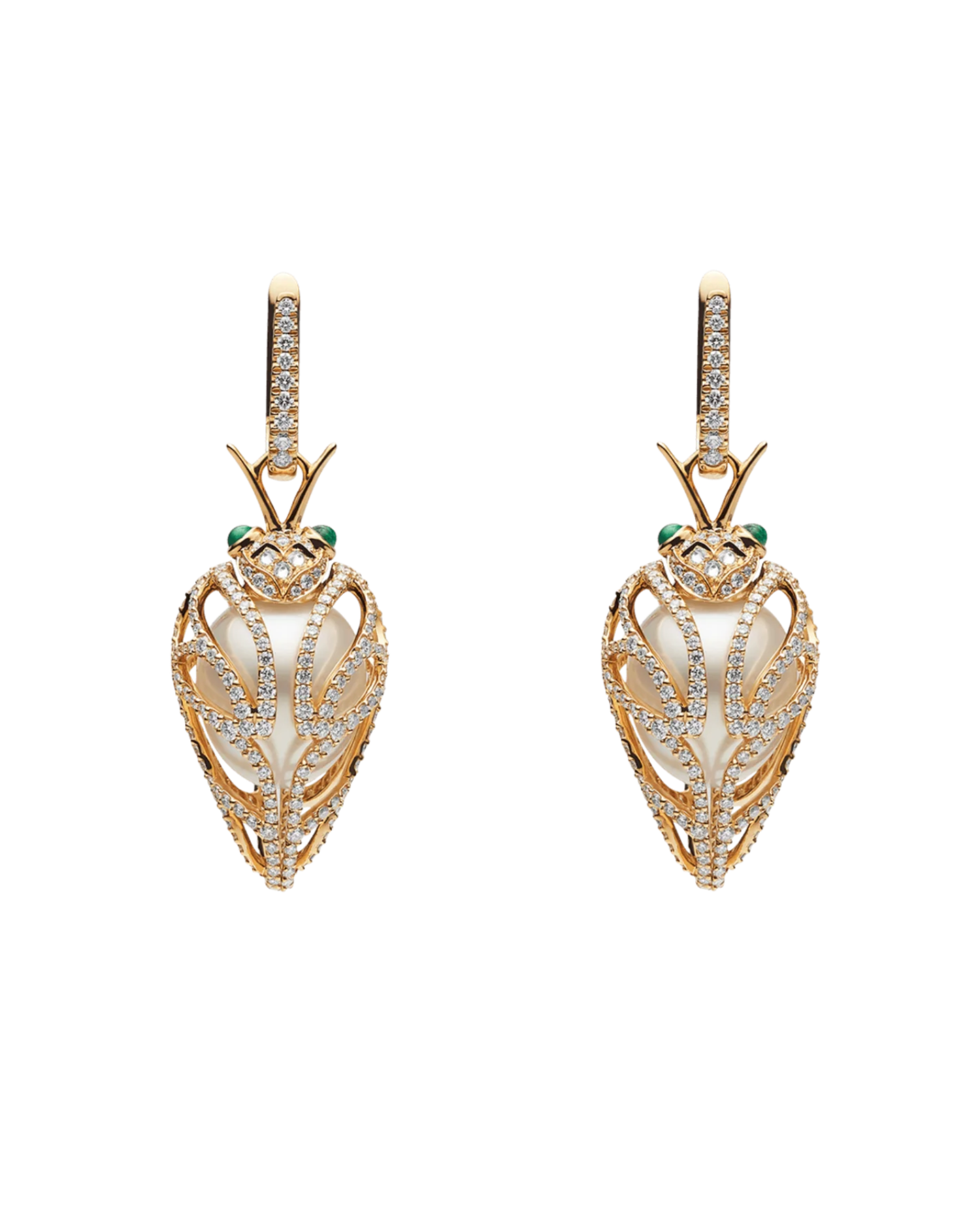 Diamond Cicada Pearl Earrings | 13mm Oval Pearl, Diamonds and Yellow Gold Closed Wings