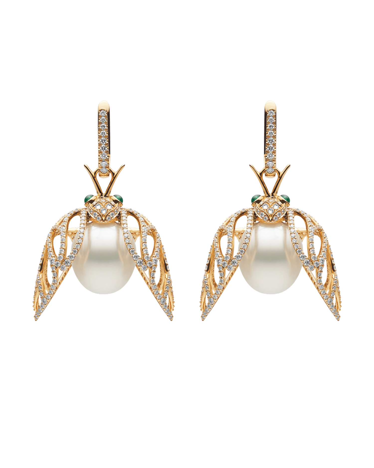 Diamond Cicada Pearl Earrings | 13mm Oval Pearl, Diamonds and Yellow Gold Open Wings