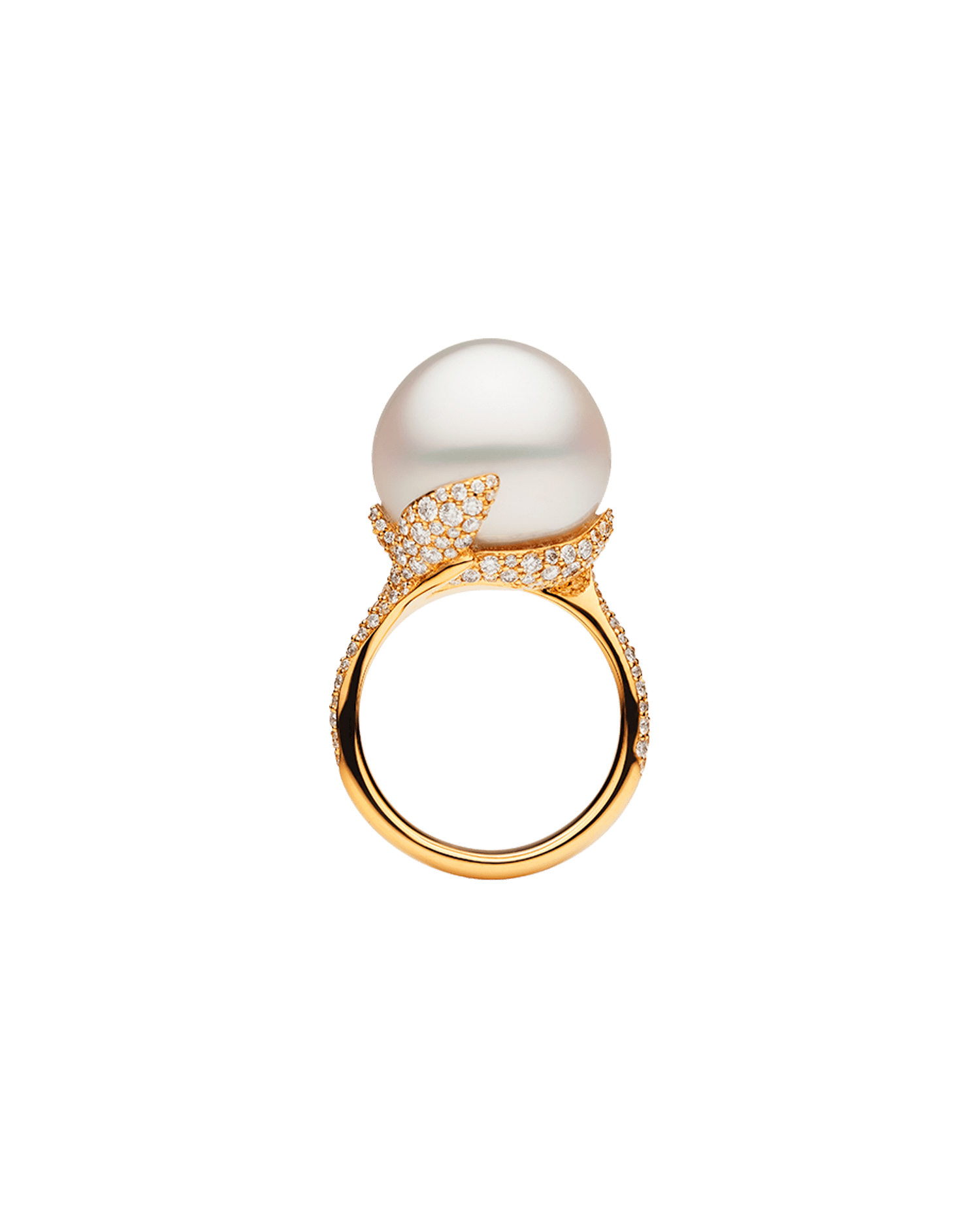 Wildflower Petal Pearl Ring | 15mm Oval Pearl, Diamonds and Yellow Gold 1