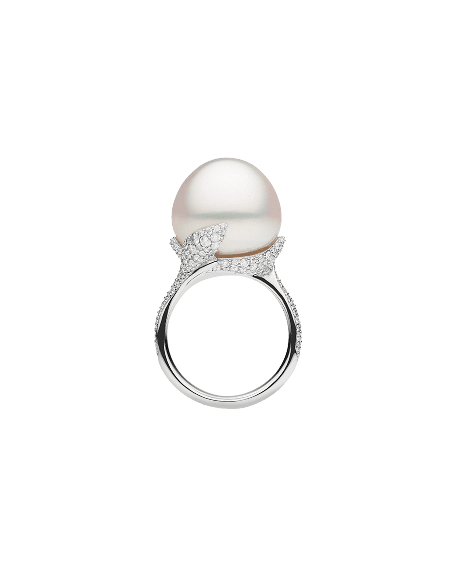 Wildflower Petal Pearl Ring | 15mm Oval Pearl, Diamonds and White Gold 1