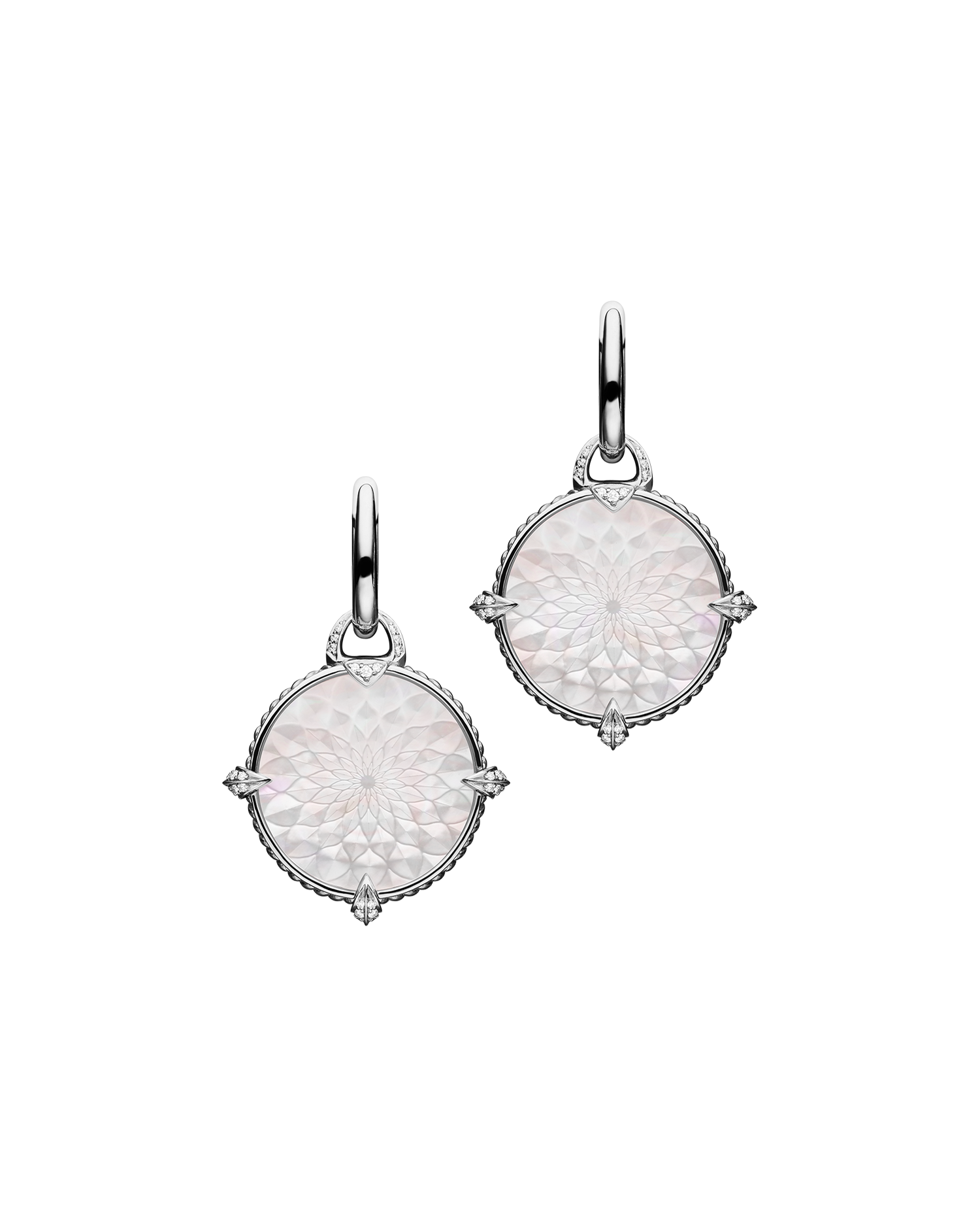 Coin Charm Earrings | Mother of Pearl, Diamonds, and White Gold 3