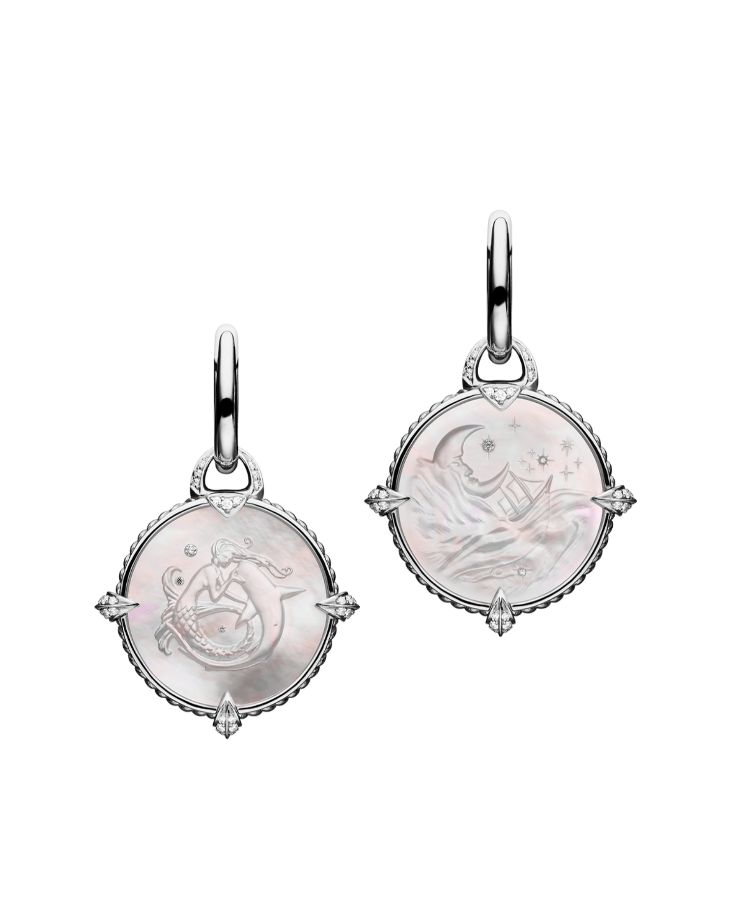 Coin Charm Earrings | Mother of Pearl, Diamonds, and White Gold 1
