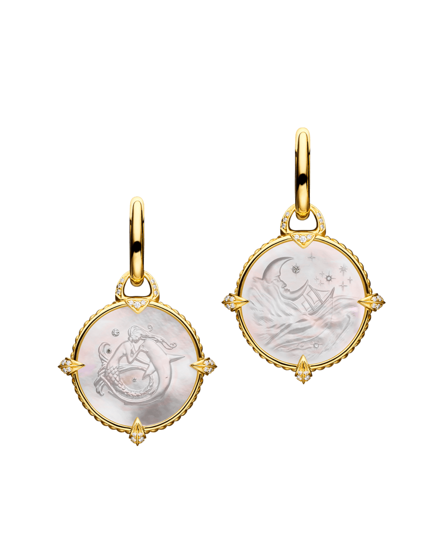 Coin Charm Earrings | Mother of Pearl, Diamonds, and Yellow Gold 1